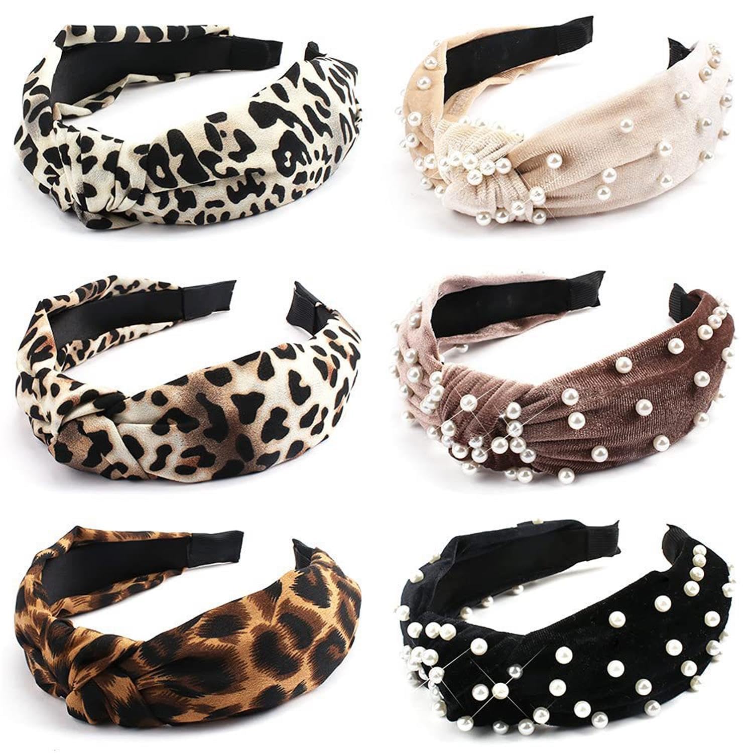 Headbands for Women Pearl Leopard Knotted Elastic Hair Bands Twisted Headwrap Ear Wide Hoops Accessories for Girls Adult Women Cute Knot Head Band 6 Packs (B