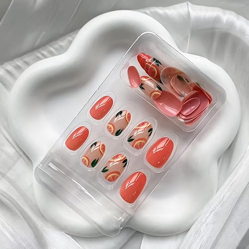 Miniatura 2 de Uñas postizas cuadradas a presión, uñas postizas cortas con diseño de pomelo, cobertura completa, uñas acrílicas naranjas, uñas adhesivas brillantes