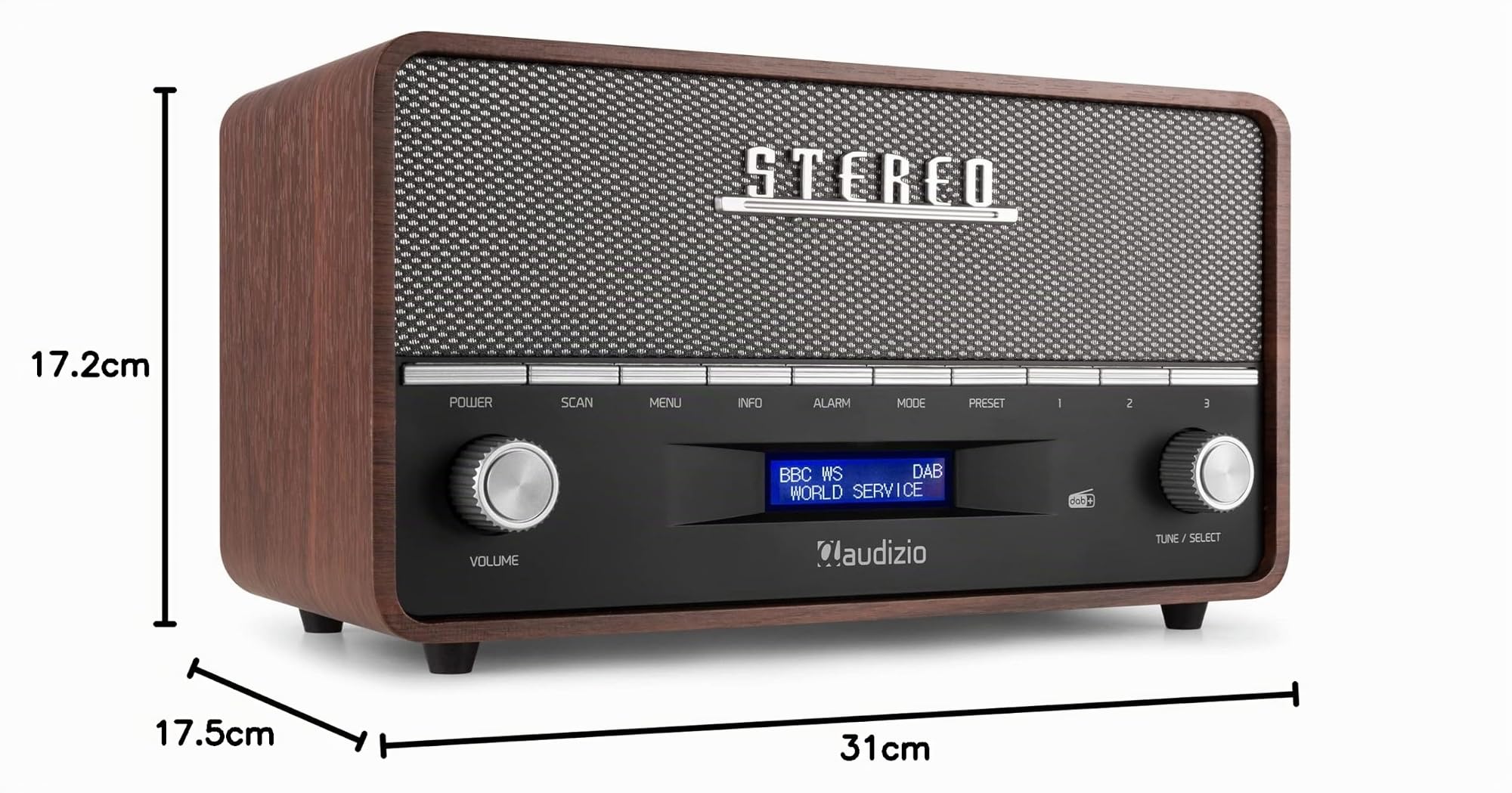 Audizio Corno Radio Dab+ Portable Stéréo 60W - Gris, Fonction Réveil, Streaming Bluetooth, Radio FM, Entrée AUX Jack 3,5mm, 20 Stations Préréglées, Idéal pour Écouter la Radio Partout