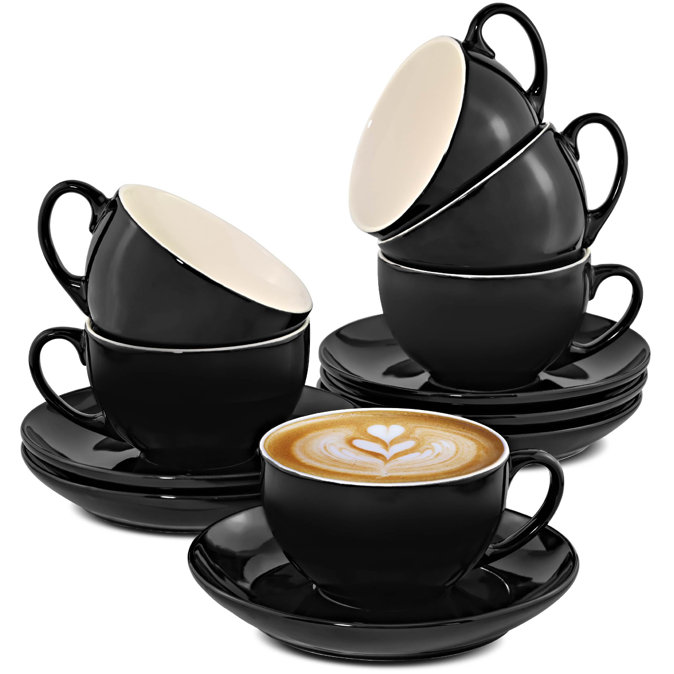 Cosumy Cappuccino Coffee Cups and Saucers - 180ml / 6oz Mug Set of 6 - Ceramic Black - Elegant Design - Dishwasher & Microwave Safe - Ideal for Home, Office, and Café