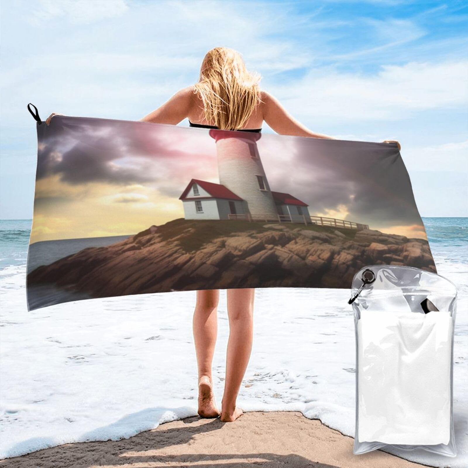 DWVTSLH Microfiber Sand Free Beach Towel 27.5"x55", Quick Dry Absorbent Travel Towel Large Camping Blanket, Lighthouse Bath Towels Lightweight Pool Swim Towels for Vacation Essentials