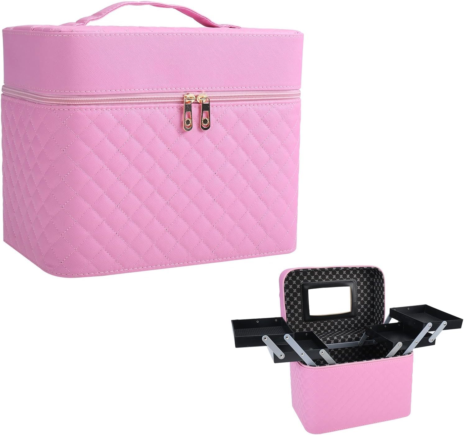 HighFree 4 Layer Pink Foldable Tray Makeup Cosmetic Case with Mirror, Waterproof Black Portable Train Organizer Case, Large Capacity Multifunctional Toiletry Box