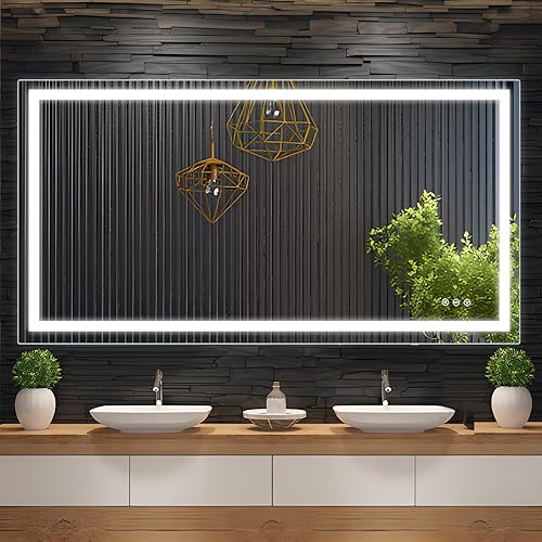 Espejo de baño LED de 60 x 36 pulgadas con luz delantera y trasera, grandes espejos de pared regulables con antiempañamiento, a prueba de roturas,