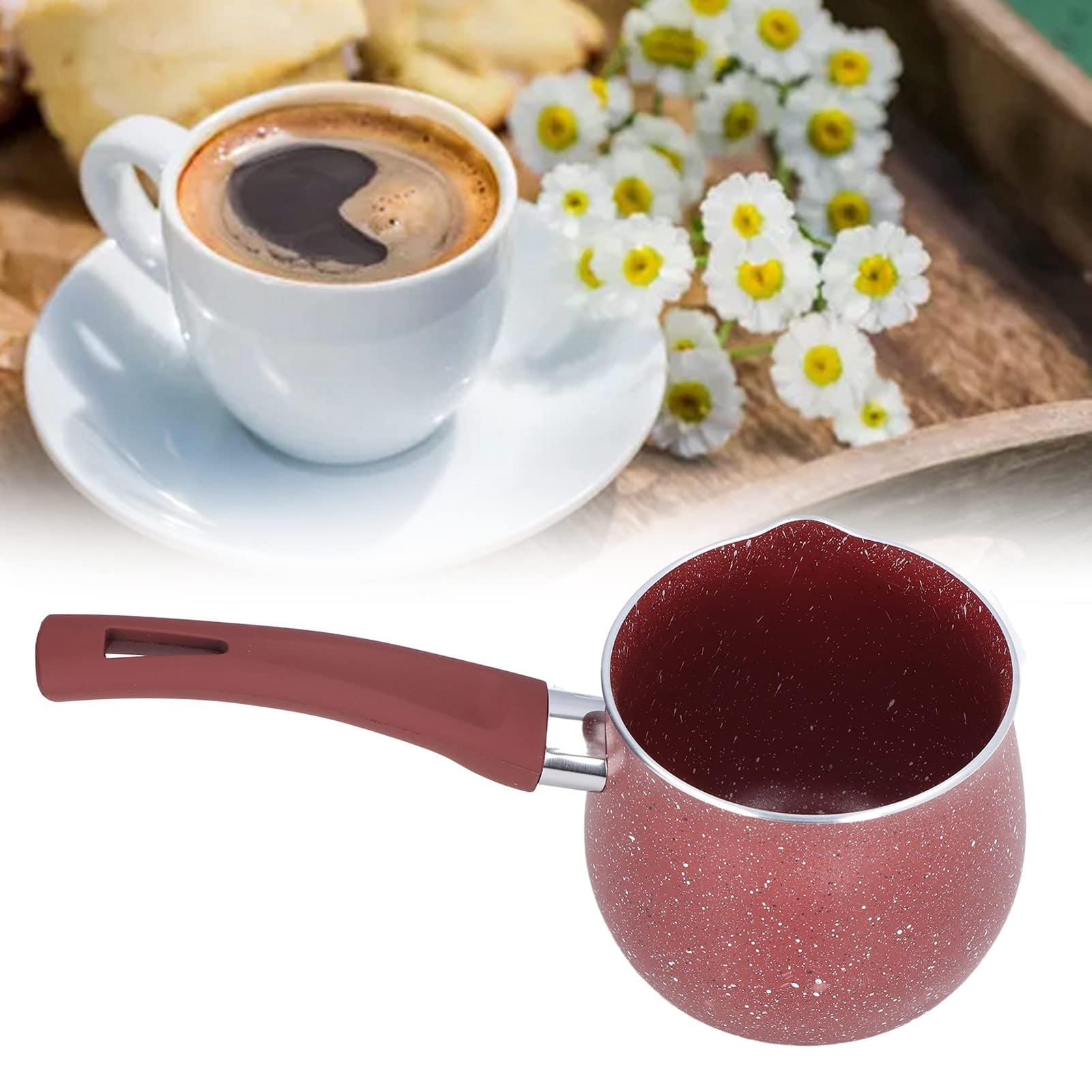 Mini Milk Pan, Aluminum Alloy Anti Scalding Diameter Warmer Coffee Pot Portable Non Stick for Cooking Heating Boiling Melting (Red)-image-2