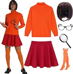 Fantasias de Halloween para casais 2024 Velma cosplay roupa laranja gola rolê suéter de malha com minissaia skatista