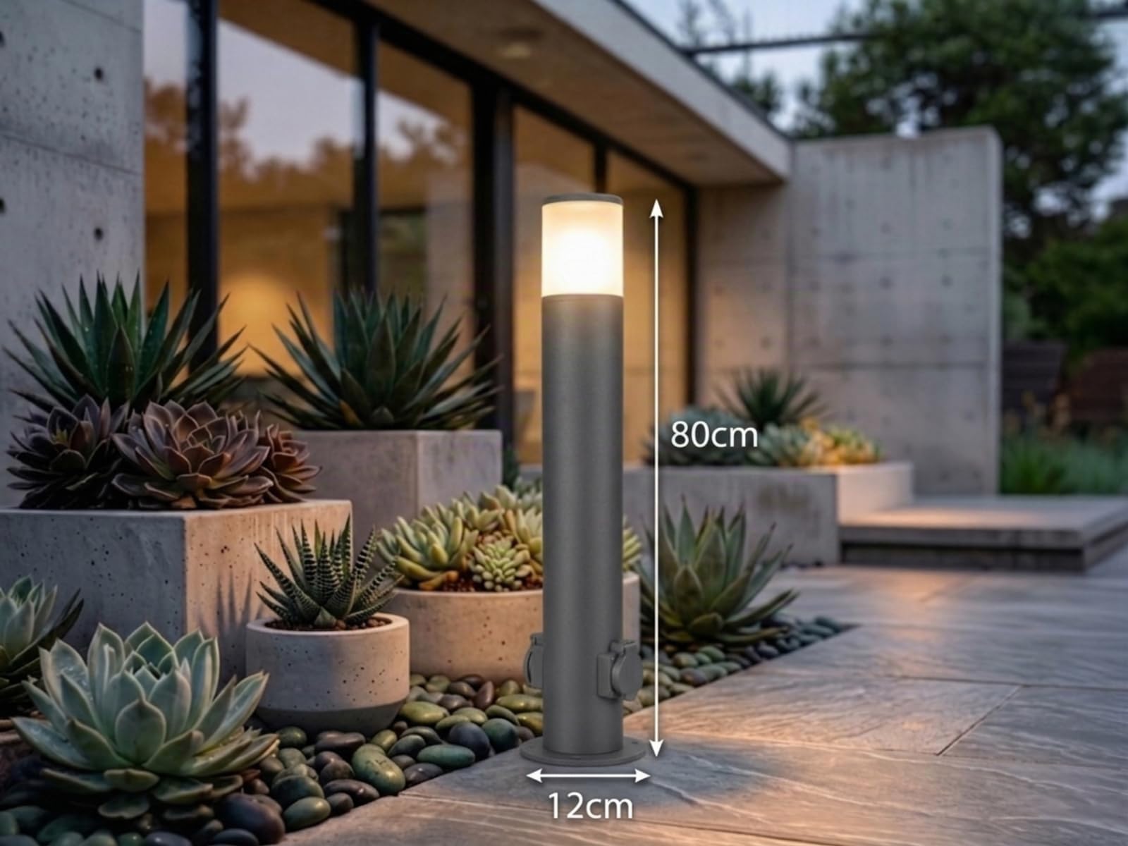 Borne lumineuse d'extérieur moderne à LED avec 2 prises, IP44, éclairage extérieur polyvalent pour la maison et la terrasse, hauteur : 80 cm, anthracite