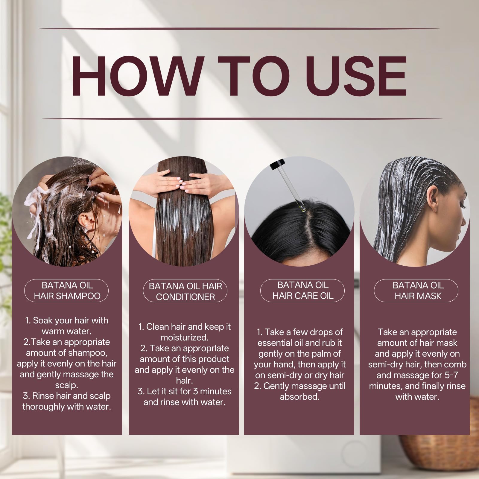 batana Traitement à l'huile pour cheveux 4 pièces, shampoing et après-shampooing, huile pour croissance des cheveux, crème capillaire