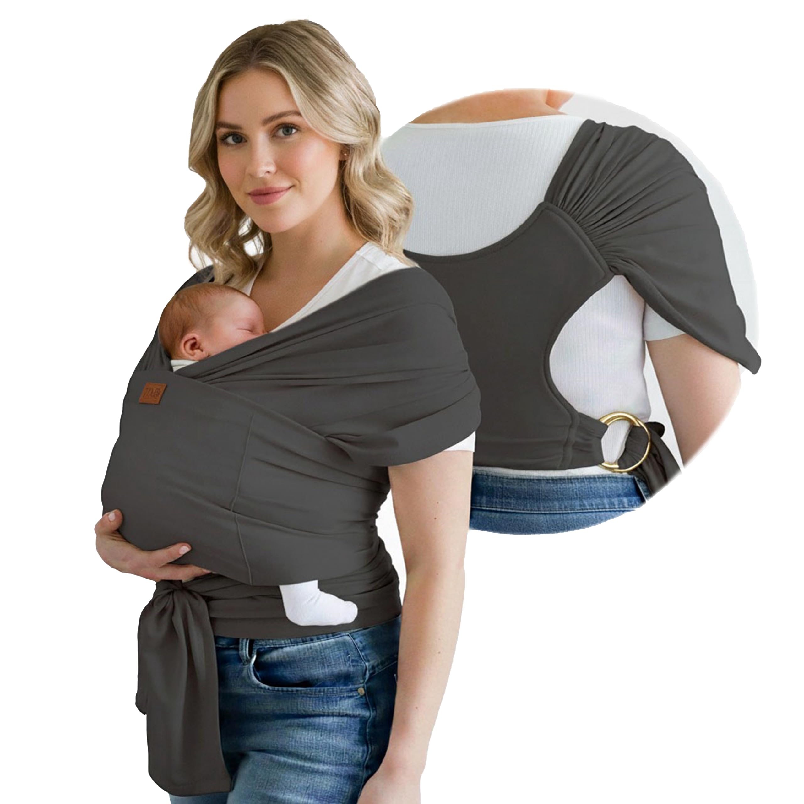 Stylish Dark Gray & Gold Baby Carrier Wrap: Comfortable, Soft & Supportive, Adjustable Ring Sling for Mom & Dad, Ideal for Baby Registry, Newborn to