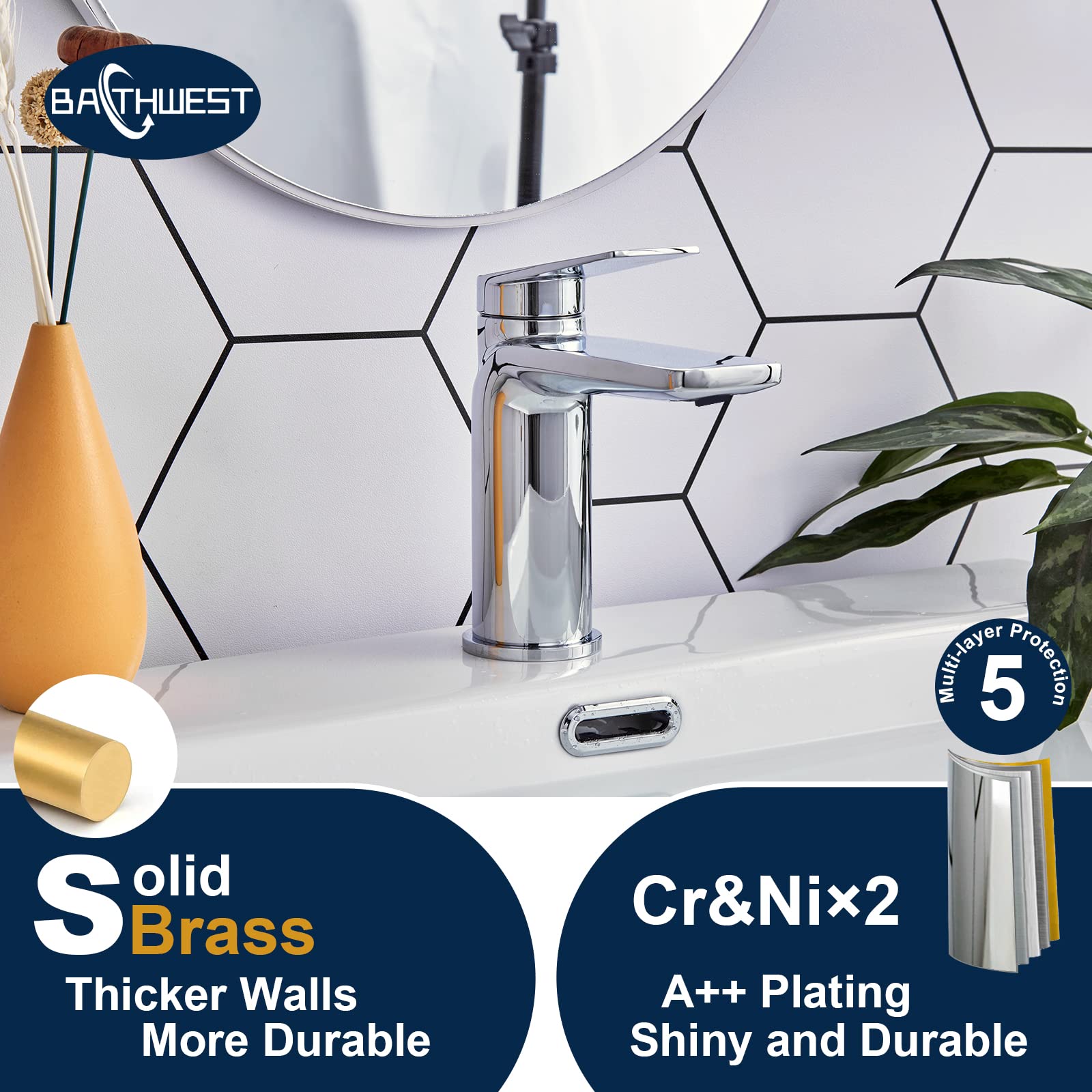 Miscelatore per lavabo Monoblocco Bagno Rubinetti per lavabo Singola Leva Ottone Cromato Rubinetti per lavabo UltraSottile Uscita Calda e Fredda Miscelatore con 2 × M10 × 12 BSP