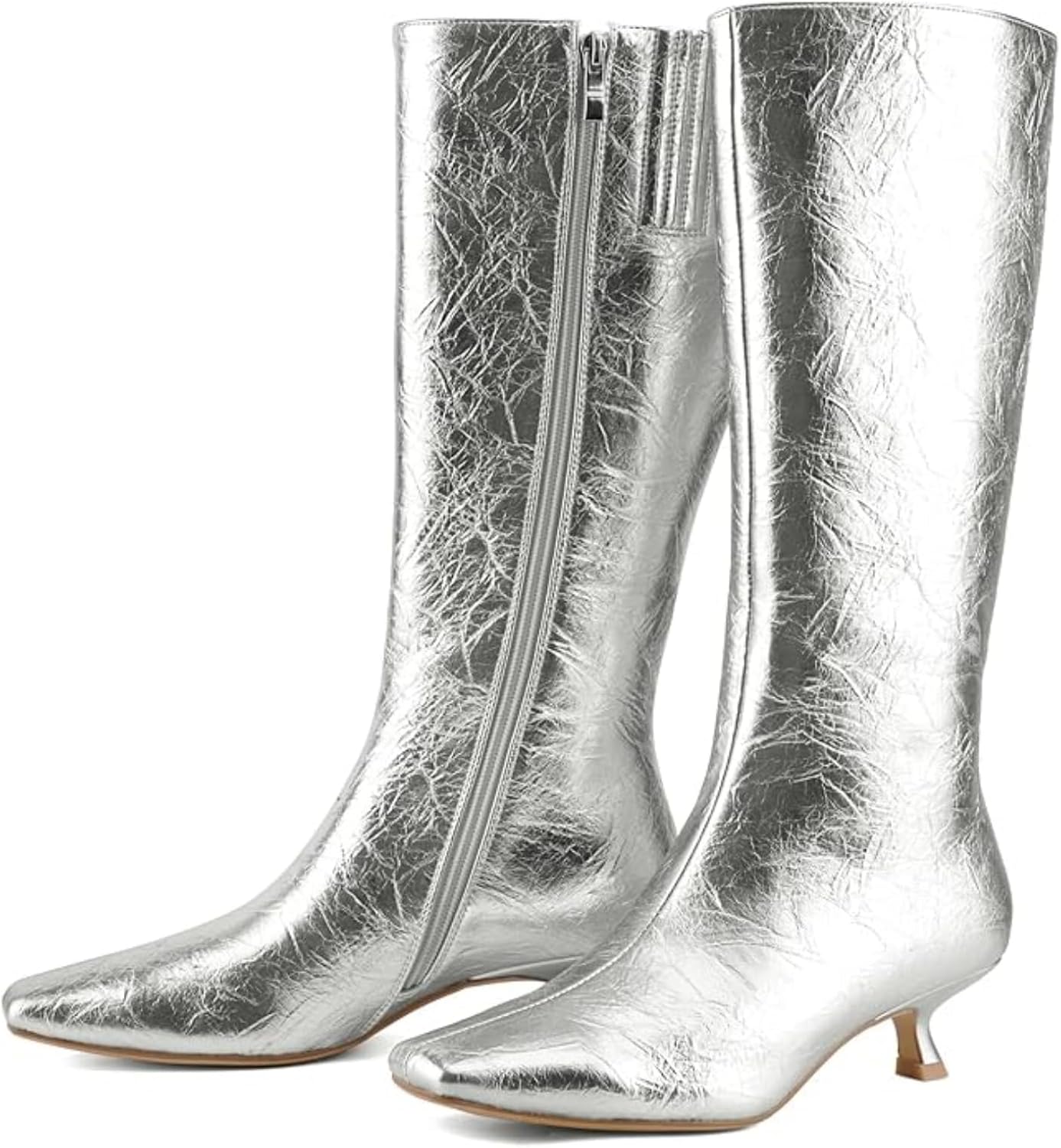 Women's Knee High Boots with Square Toe Low Kitten Heel, Tall Faux Leather Boots with Side Zipper, Fashion Knee Boots for Party, Daily Wear and Fall Outfits