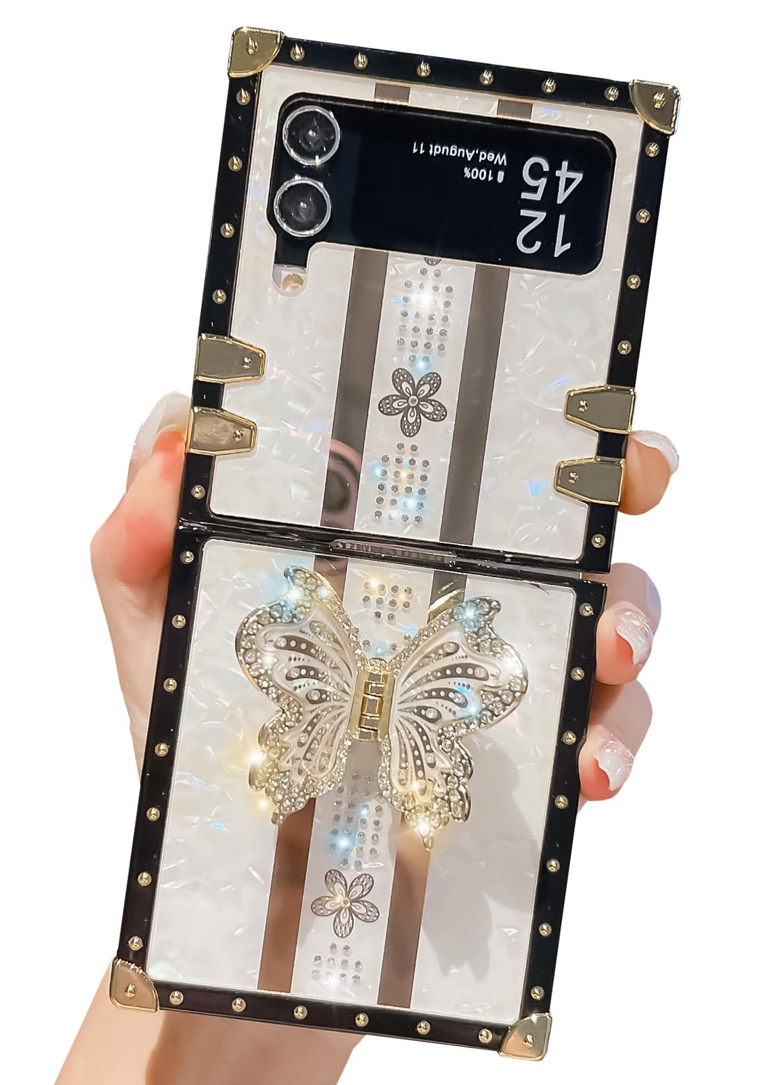 TRODINO Cute Samsung Galaxy Z Flip 3 / Z Flip 4 Case, Luxury Bling Butterfly Design with Foldable Stand Kickstand for Women & Girls, Flexible Shockproof Protective Case for Z Flip 3/4 6.7” (White)