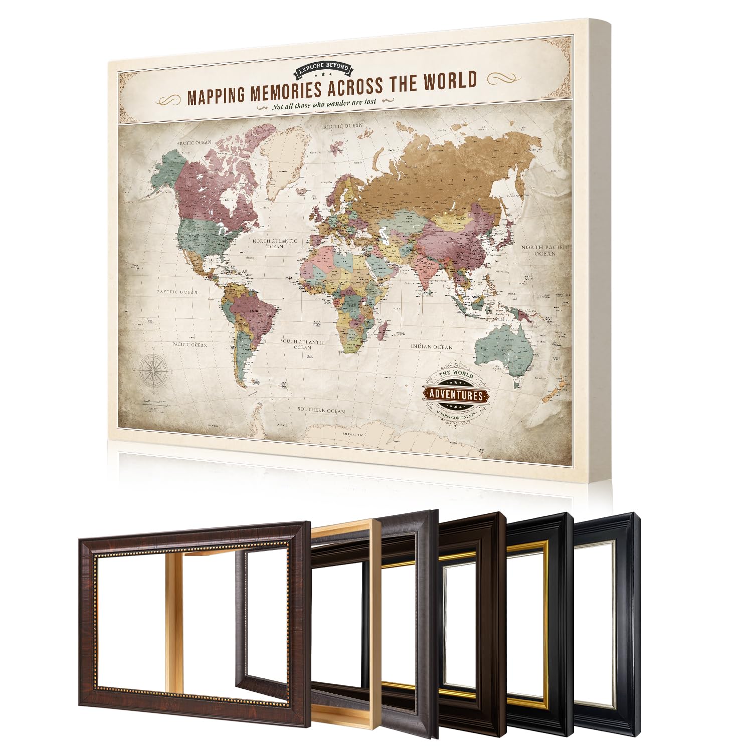 DECORARTS Personalized World Travel Map with Pins,Soft Pastel Canvas 35x28