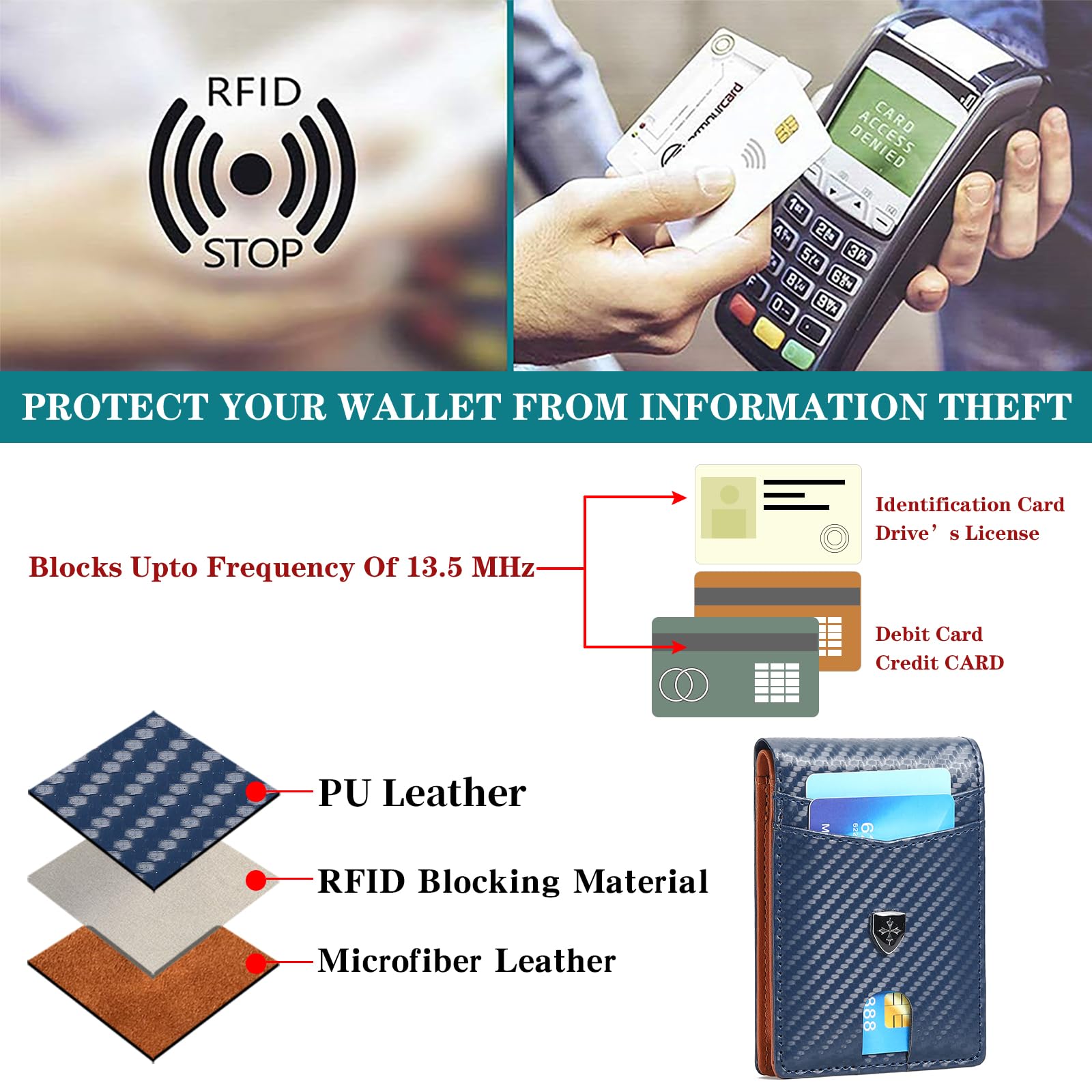 Billetera de cuero para hombre con tarjetero delgado y plegable con bloqueo RFID, bolsillos frontales, carteras minimalistas para hombres con ventana de identificación, Azul lago, Moderno 6
