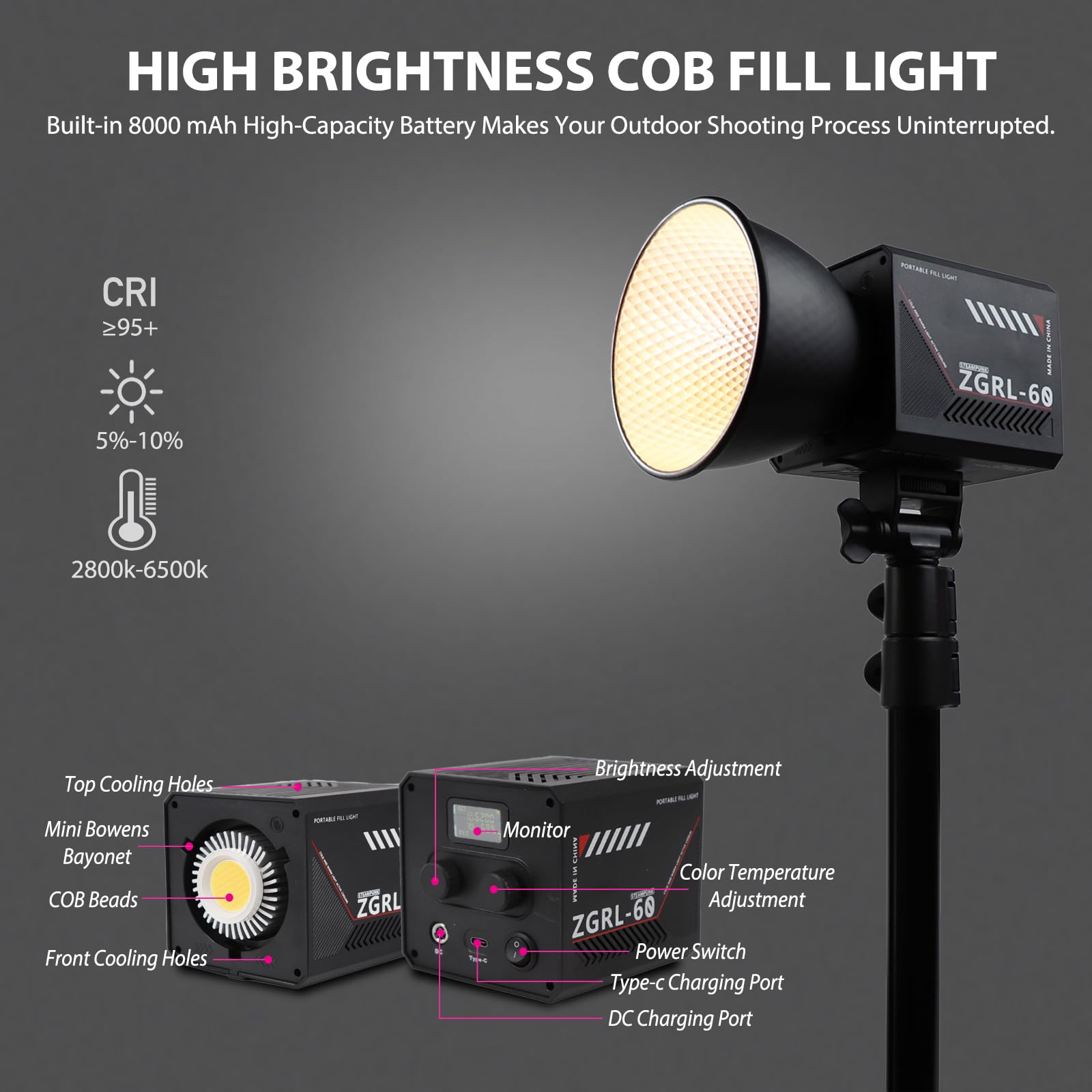 Luce video portatile COB LED da 60 W con batteria da 8000 mAh Dual Color Photography Lighting Spotlight per studio, streaming, video telefonico, 2800K-6500K, 8 effetti di illuminazione, CRI ≥95