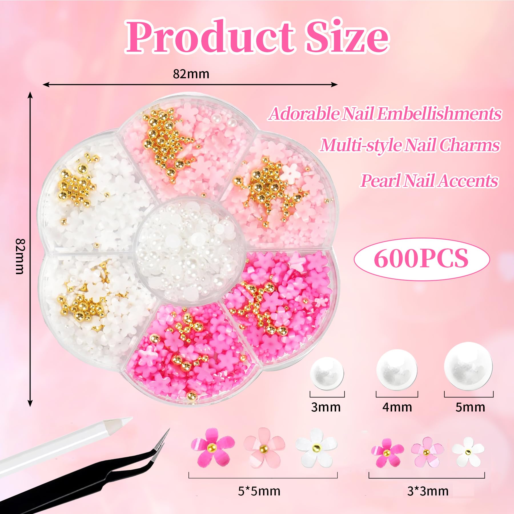 Décoratives pour Nail Art, Perle Ongle Nail Art, Breloques pour Ongles en Forme d'arc 3D, Nœud Papillon, Fleur Pour Sécoration des Ongles des Femmes(Rose Rouge)