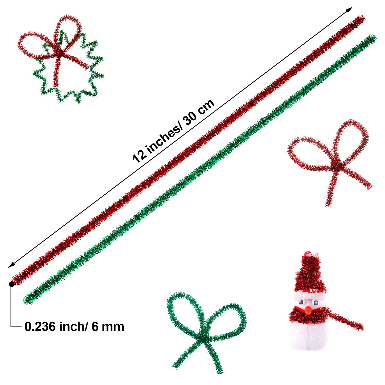 300 limpiapipas de Navidad de 12 pulgadas con purpurina para manualidades, color rojo y verde, tallos de felpilla coloridos para Navidad, manualidades, decoración 2