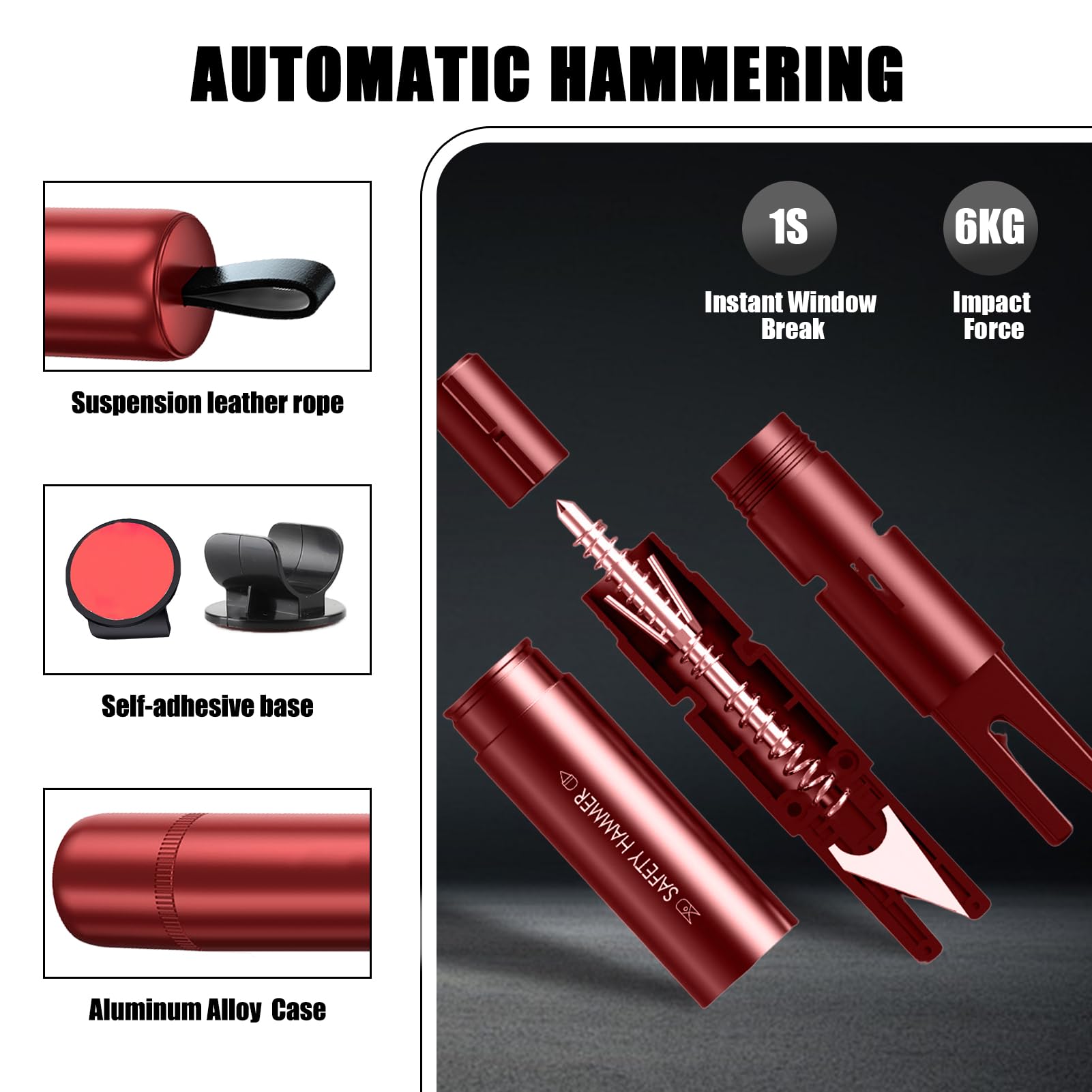 2 Martelli Di Emergenza Auto 2-in-1 - Rompivetro E Taglia Cinture, Con Test In Vetro, Nero E Rosso
