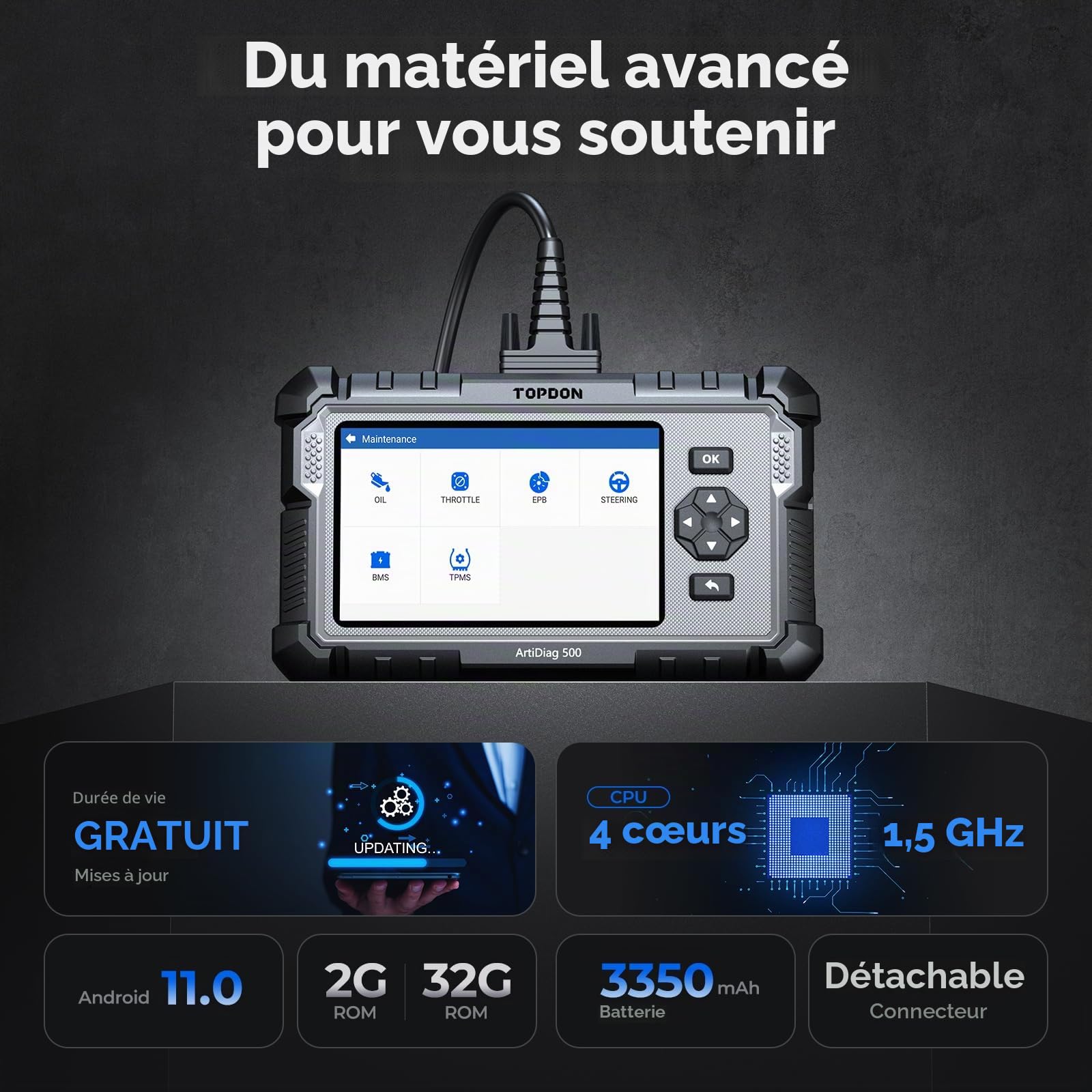 TOPDON AD500 Valise Diagnostic Auto, 4 systèmes Outil de Diagnostic Voiture Multimarque,Moteur Transmission SRS ABS, 6 Réinitialisation de Service, Mise à Jour Gratuite