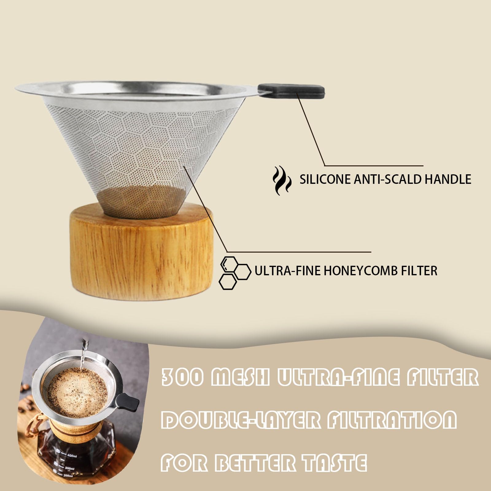 Maglia Fine 300 Mesh Filtro Per Caffè Permanente In Acciaio Inox - Riutilizzabile, Con Supporto Rimovibile, Per Chemex, Caffettiere E Tazze Filtro Metallico Per Caffè Lavabile Lavastoviglie