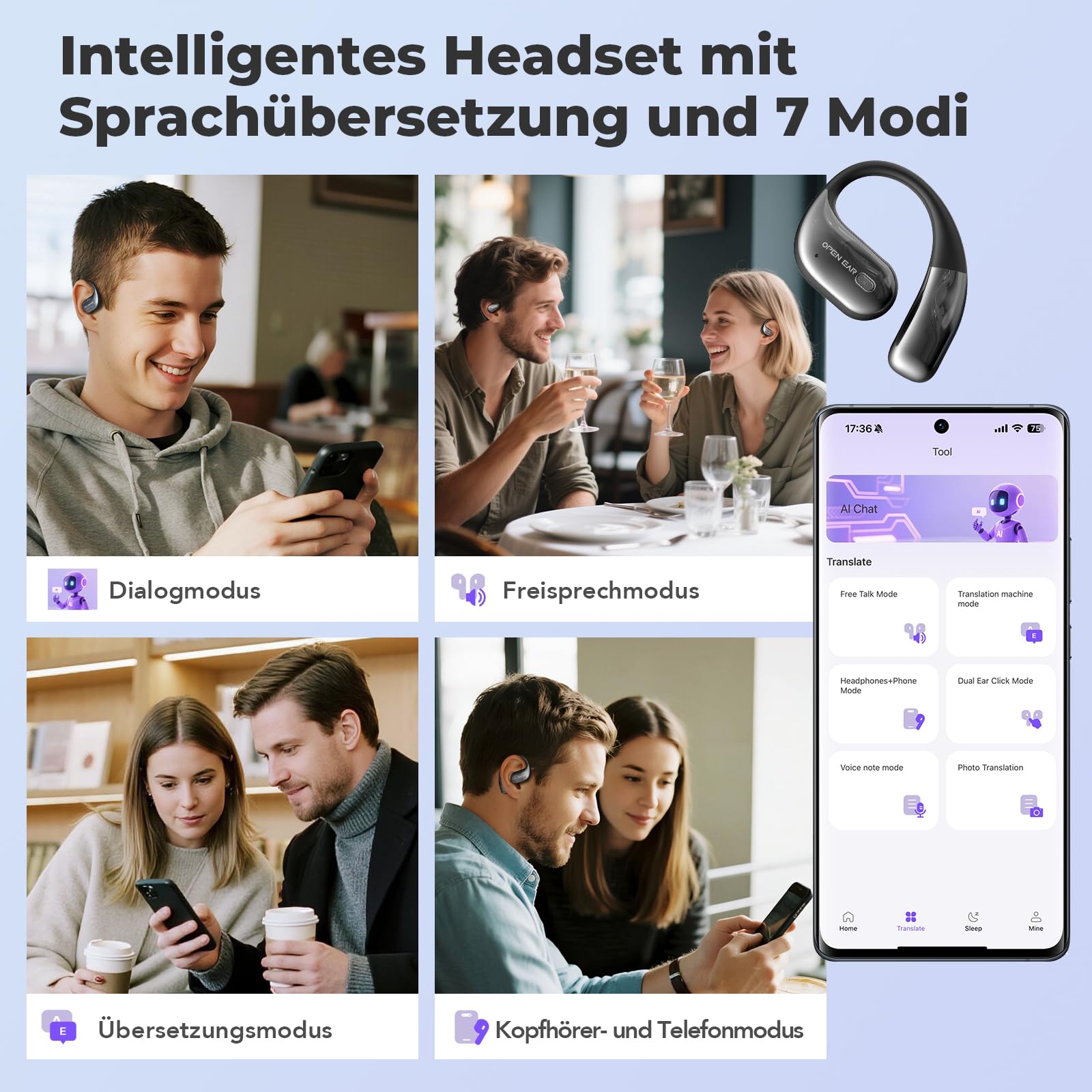 BEARTAIN 3-in-1 Übersetzungskopfhörer mit Echtzeitübersetzung, 150 Sprachen, Touchscreen, 60H Akku für iOS Android Reisen Geschäft