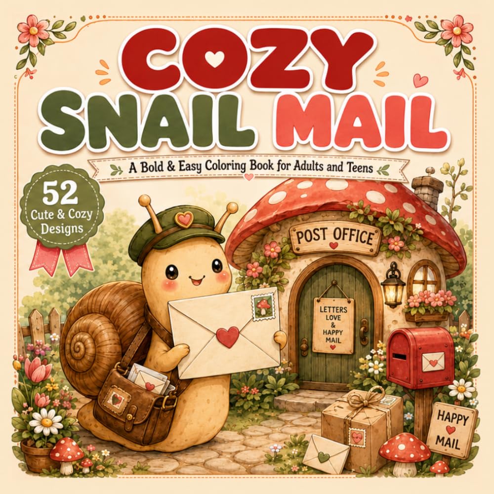 Cozy Snail Mail: A Bold and Easy Coloring Book for Adults and Teens with Cute Postal Animals, Happy Mail, Letters, and Stationery