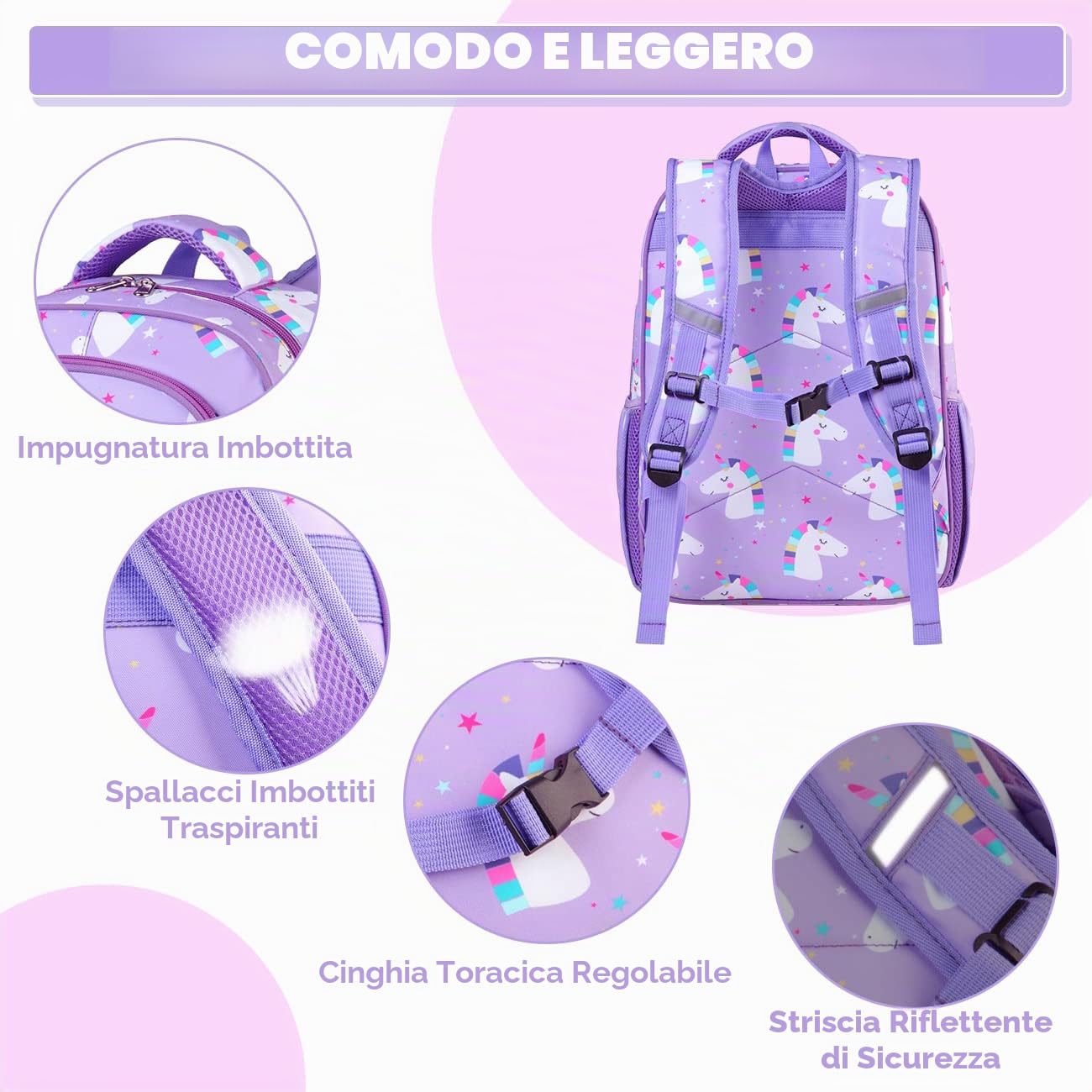 VASCHY Zaino per bambina, zaino unicorno e ragazza, zaino per scuola, per bambine 6-10 anni, zaino per bambini, impermeabile, con scomparto per tablet, per scuola, viaggi, unicorno