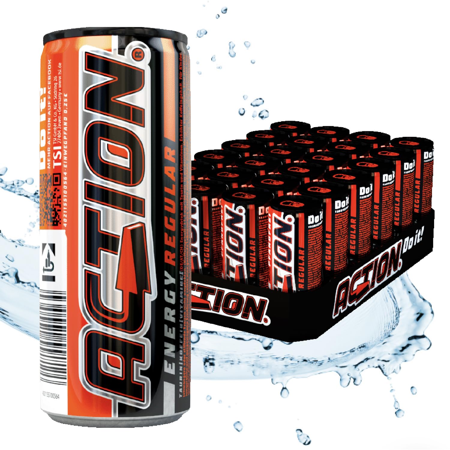 Action Energy Drink Regular (48 x 250 ml) incluye depósito – Refresco con sabor a tutti-Frutti – patata energética con mayor contenido de cafeína 31,5 mg/100 ml de cafeína
