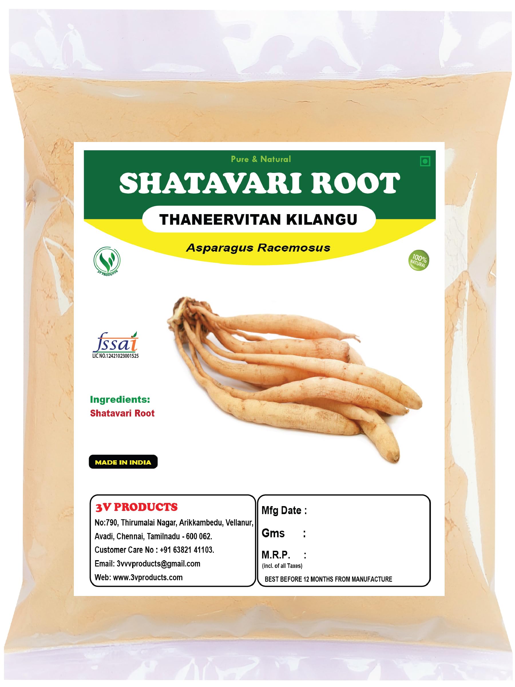 3V PRODUCTS Shatavari Root Powder 100g | Thaneer Vittan kizangu | Satawari | Asparagus Racemosus
