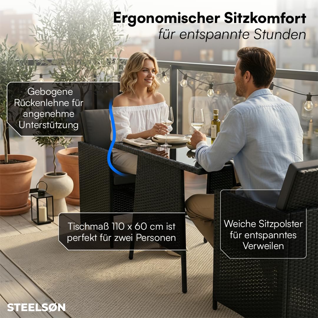 STEELSØN Xenara Essgruppe 3-teilig Schwarz/Anthrazit – Balkonmöbel Set platzsparend – Outdoor Rattan Sitzgruppe – klappbare Stühle mit Sitzkissen – Tisch mit Glasplatte – Gartengarnitur für 2 Personen