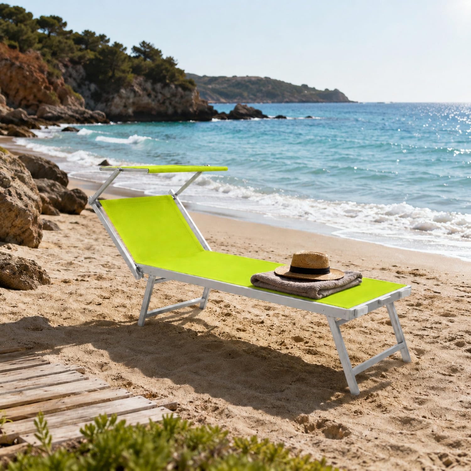 Lettino Prendisole Pieghevole Professionale In Alluminio E Tessuto Textilene Tettuccio Orientabile Tettino Parasole Sdraio Prendi Sole Mare Spiaggia Piscina Giardino Verde Fluo 182 x 60 x 38 cm