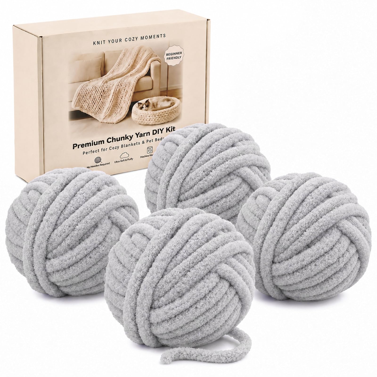 Bafeil Light Grey Chunky Yarn 1000g, Umbo Chenille Wool for Hand Knitting