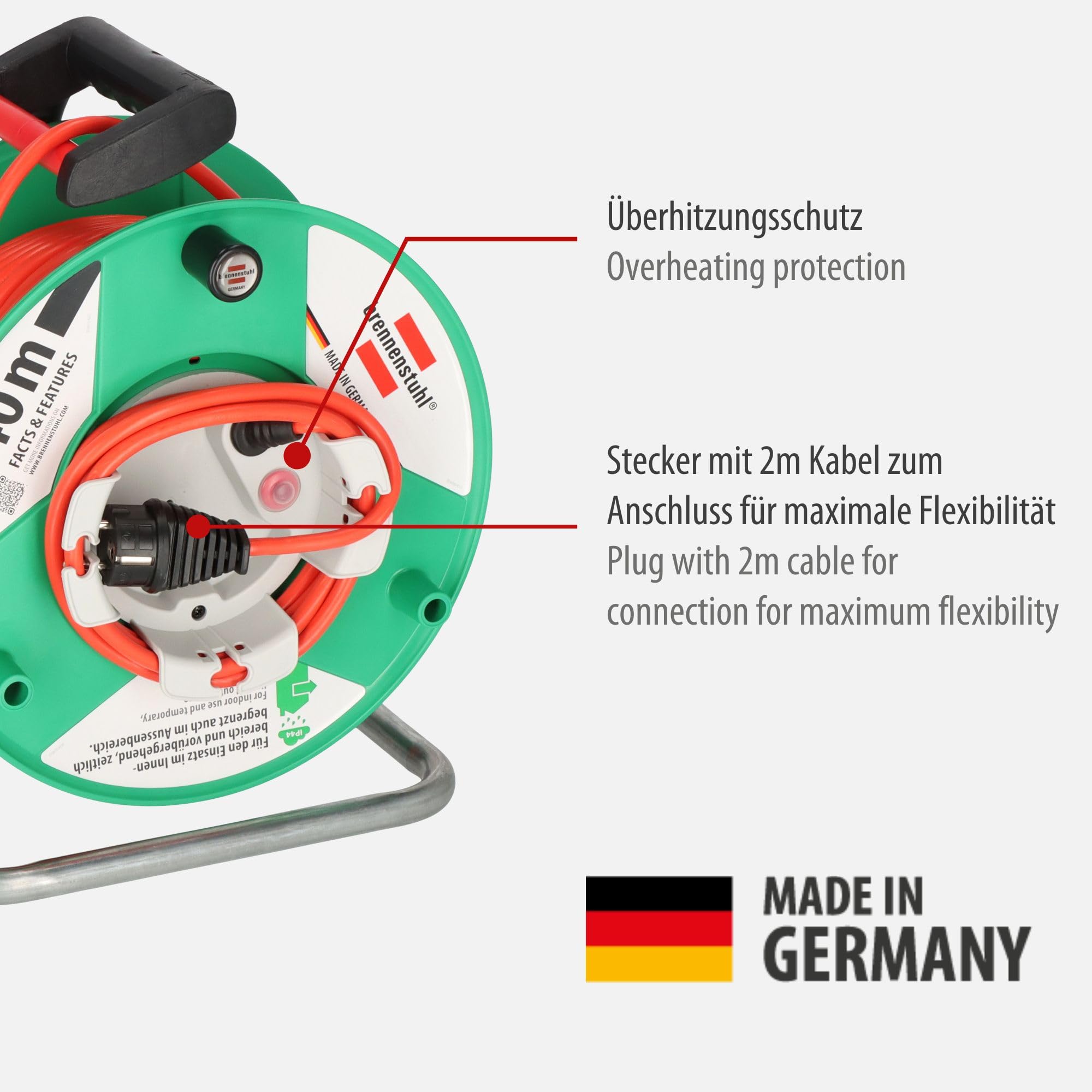 Brennenstuhl Garant G IP44 Gartenkabeltrommel (Kabeltrommel für Rasenmäher mit 38+2m Kabel in rot, Spezialkunststoff, vorübergehende und zeitlich begrenzte Verwendung im Freien, Made in Germany)