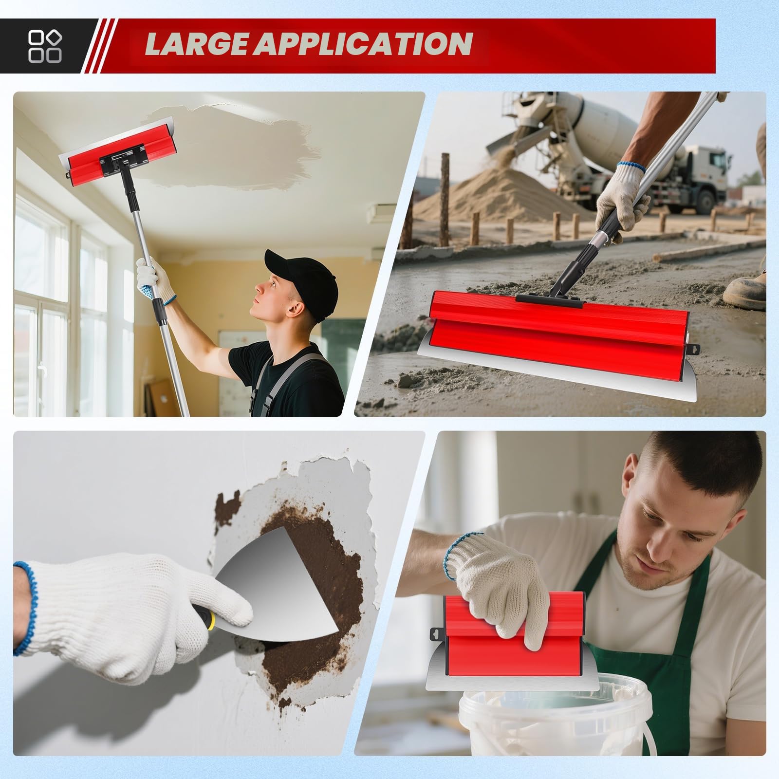 Kit de spatules de surface - Lames de mastic 15 cm, 25 cm, 40 cm, 60 cm et 80 cm + manche d'extension de 85 cm à 130 cm, couteau de construction en acier inoxydable