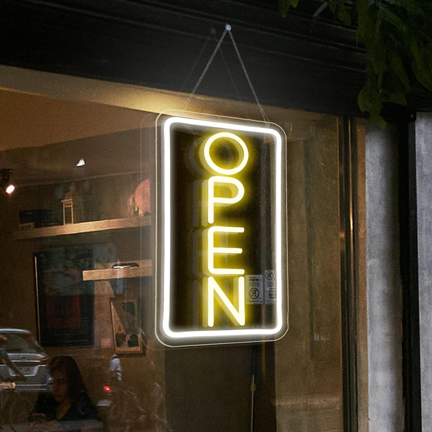 Open sign for business with neon LED, 16.5x9 in, vertical yellow/white