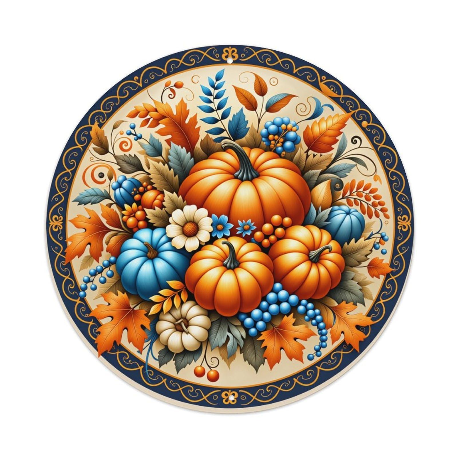 Autumn Harvest Pumpkin Leaves Berries Metal Tin Sign Vintage Garden Bedroom Cafe Bar Man Cave Home Wall Decor Metal Poster 8x8 inches