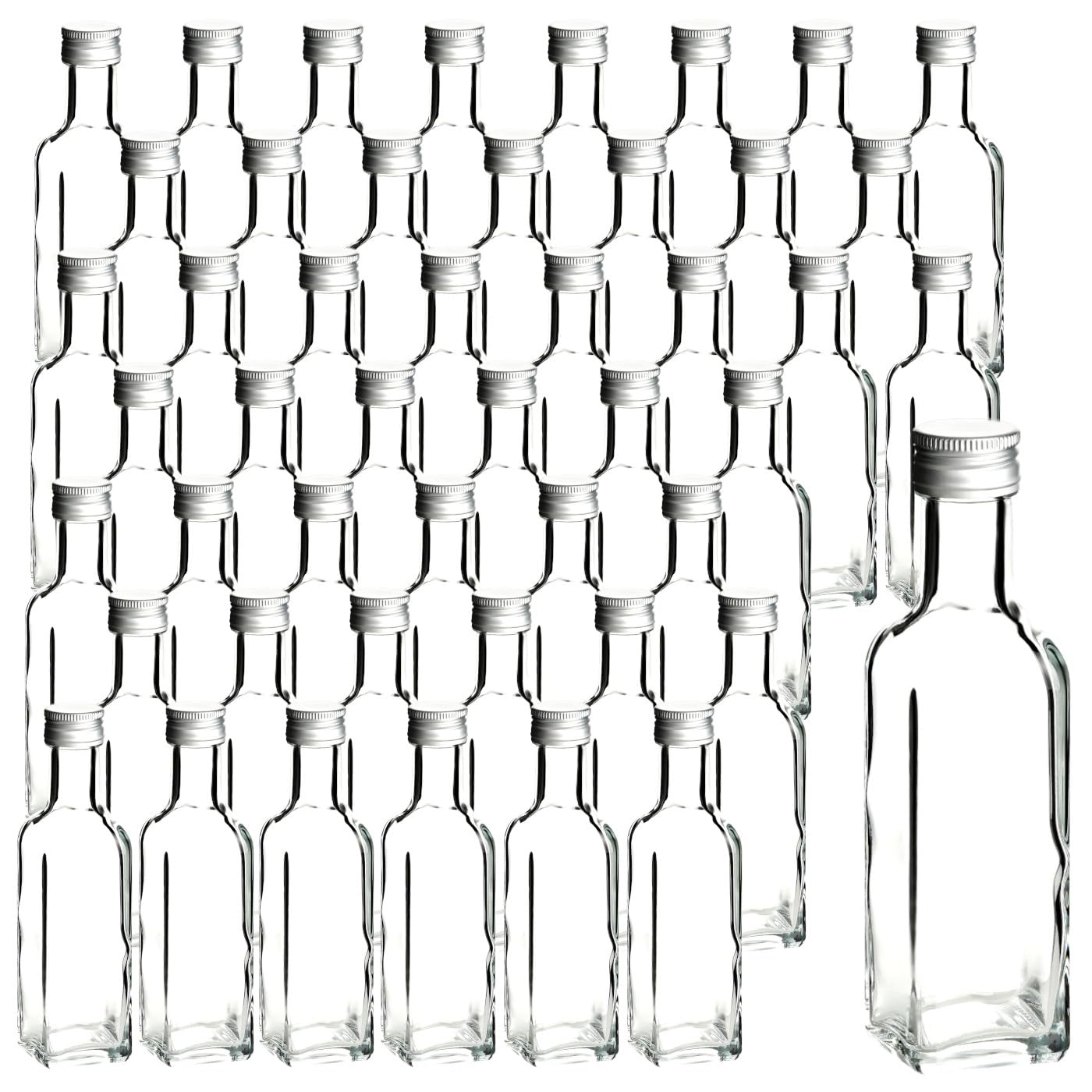 gouveo Set 48 bottiglie in vetro 100 ml Maraska con tappo a vite argento - bottiglia piccola 0,1 l per riempimento - bottiglia quadrata vuota per liquore, olio (MFET100S)