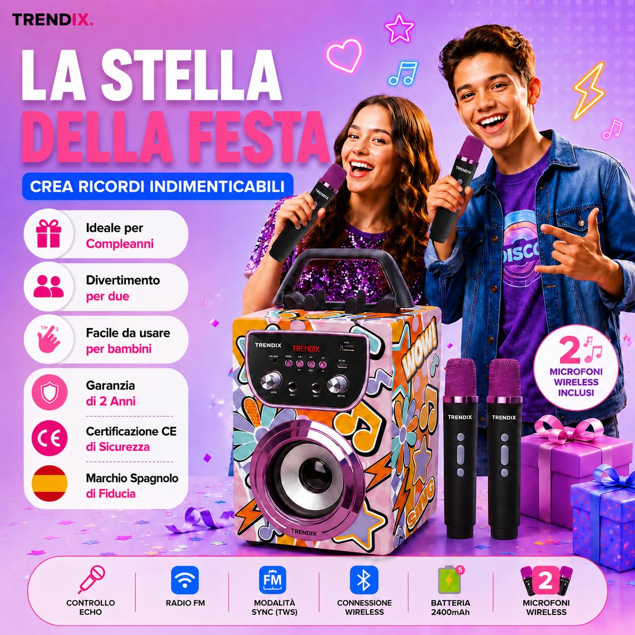 Trendix - Karaoke Per Bambini Magic Melody | Cassa Bluetooth Con Microfono, Radio Fm, Usb | Cassa Karaoke Con 2 Microfoni | 2 Microfoni Bluetooth | Regalo