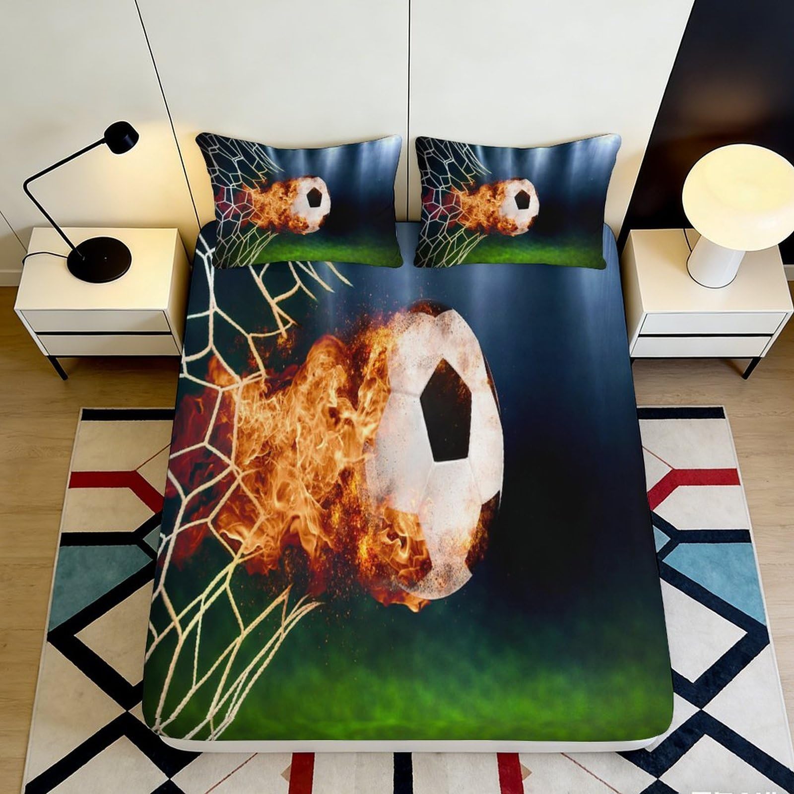Pnayamiorkfel Style-4 3D Printed Flaming Soccer Ball Fitted Sheet Microfiber Soft Breathable Fire Net Bed Cover For Bedroom Dorm Decor 90X200x25cm
