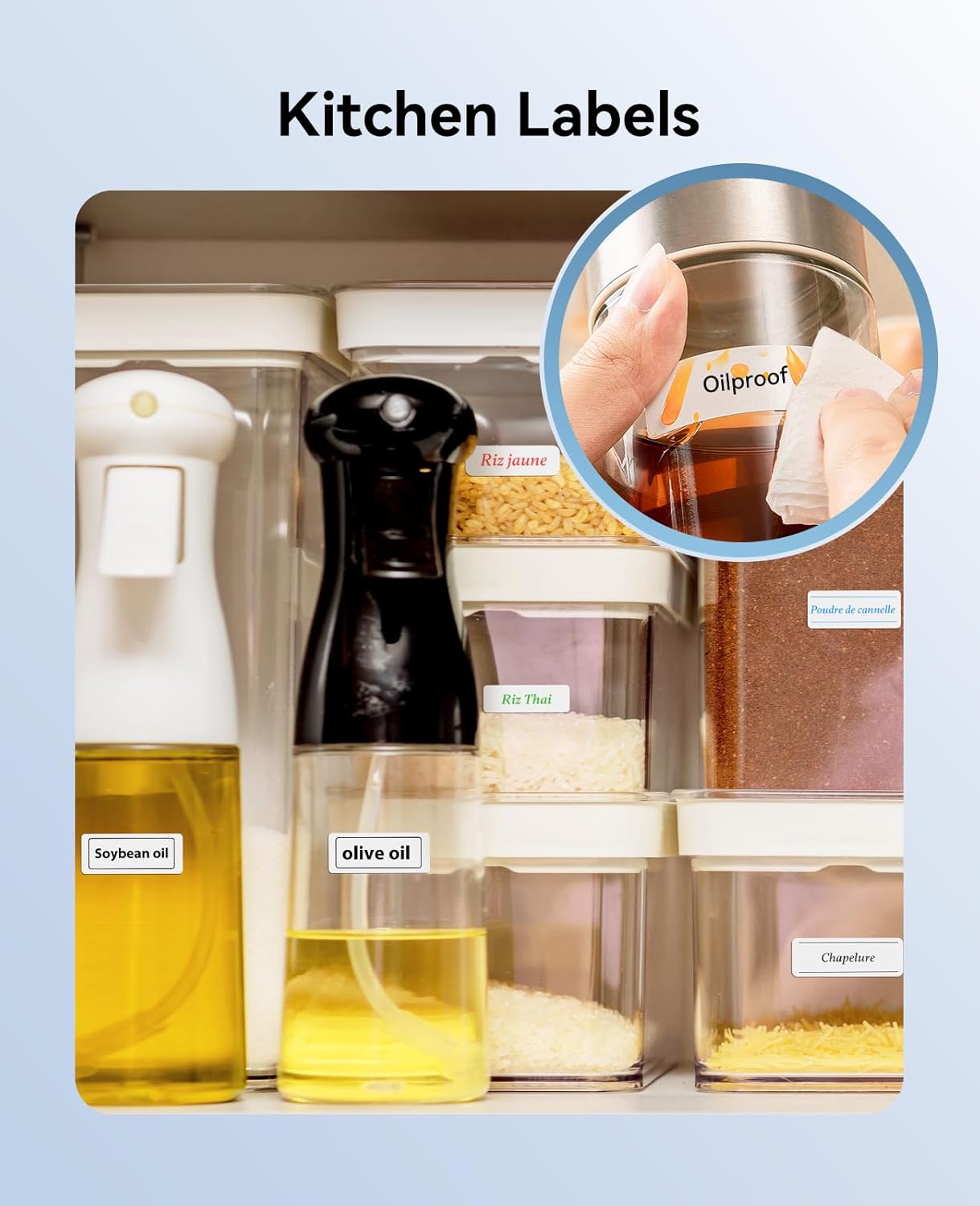 Kitchen labels on various food containers, demonstrating organization.