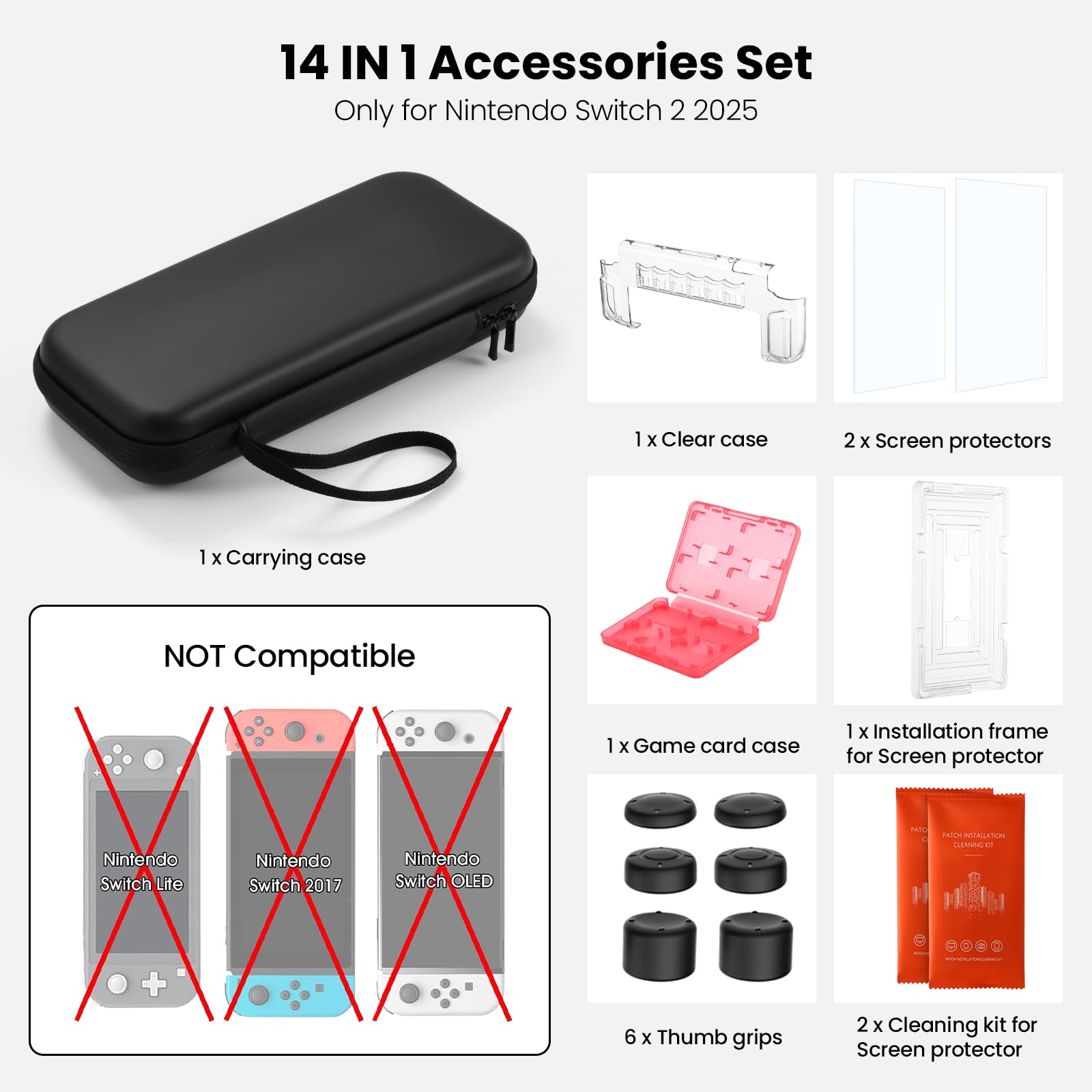 ByDiffer Custodia per Nintendo Switch 2 Accessori Kit 14-in-1 con 2 Pellicole Protettive, 1 Cover Trasparente PC, 6 Cappelli Joystick, 1 Cassa della carta del gioco, 1 Custodia Protettiva, Nero