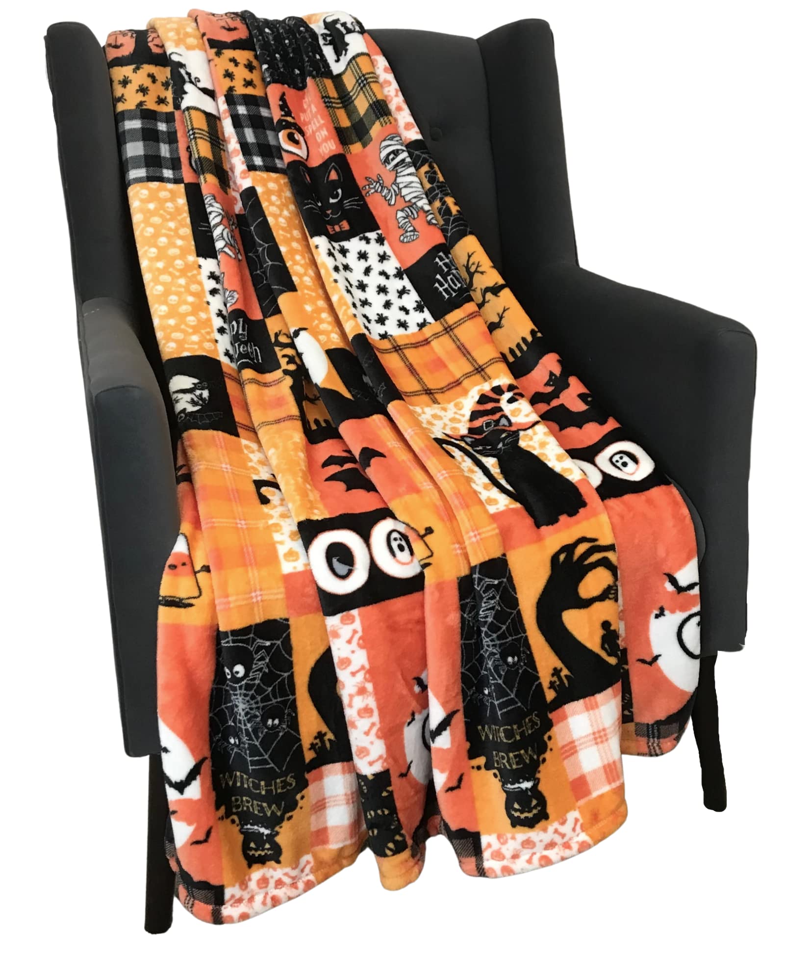 Serafina Home Halloween Fleece Throw Blanket: Patchwork Witch Mummy Black Cat Haunted House Jack O Lantern Design on Soft Velvet for Sofa Bed Couch Chair for Adults Kids, 50" x 60" — image 1
