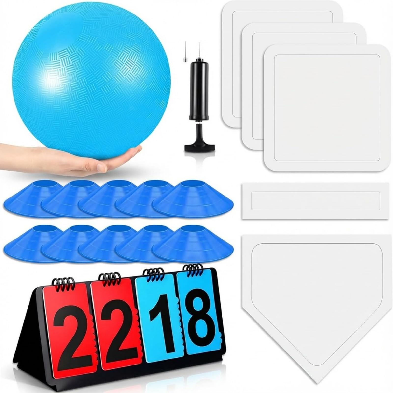 Jenaai 18 Pcs Sports Kickball Set Includes Playground Ball 5 Rubber Throw Down Bases Ball Pump Scoreboard Net Bag 10 Foul Line Cones for Adults