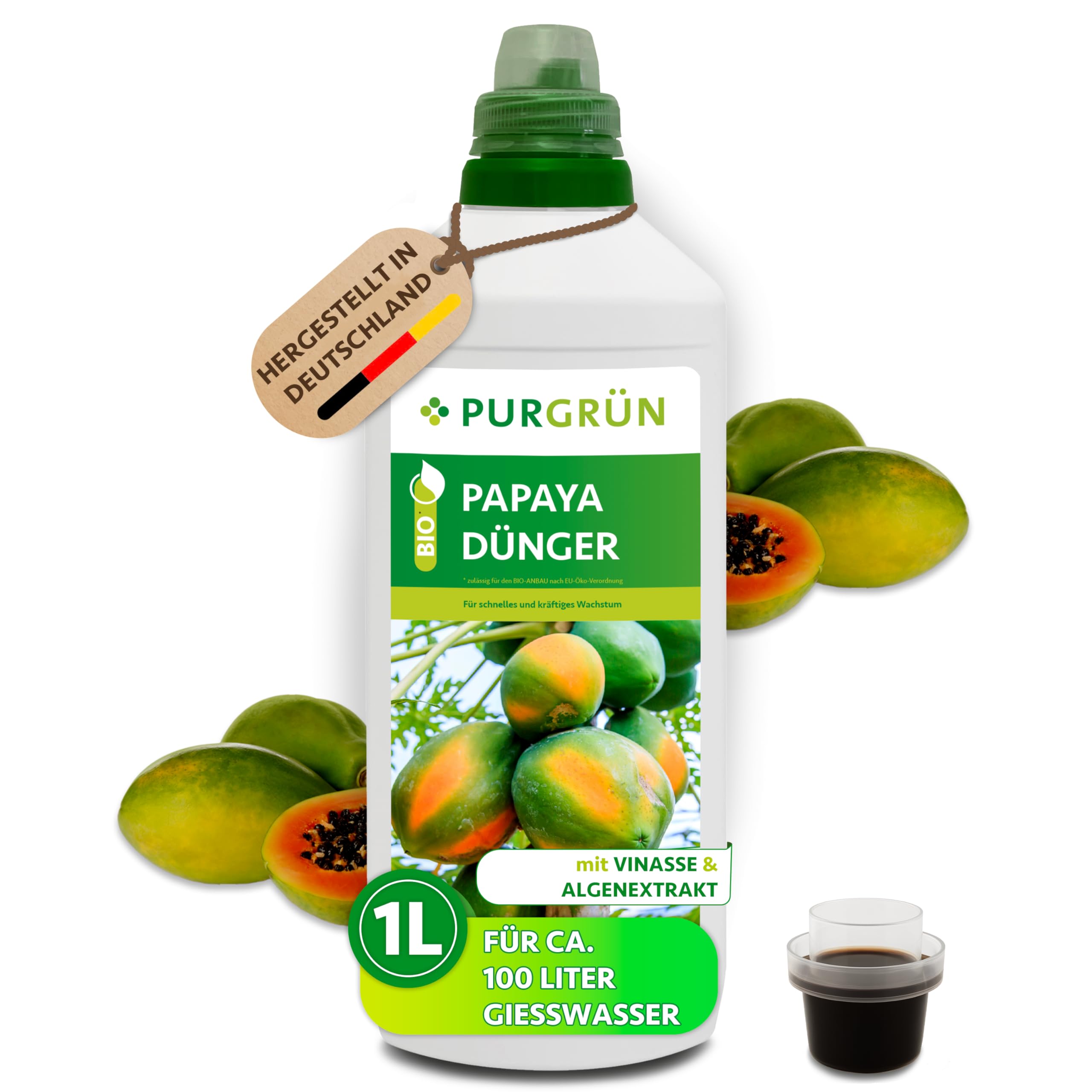 Bio-Papaya-Dünger 1 Liter – Organische Rezeptur – Premium-Flüssigdünger – NPK 4+1+7 – Mit Algenextrakt & Vinasse – Extra Kalium für gesundes Wachstum – Ohne tierische Inhaltsstoffe