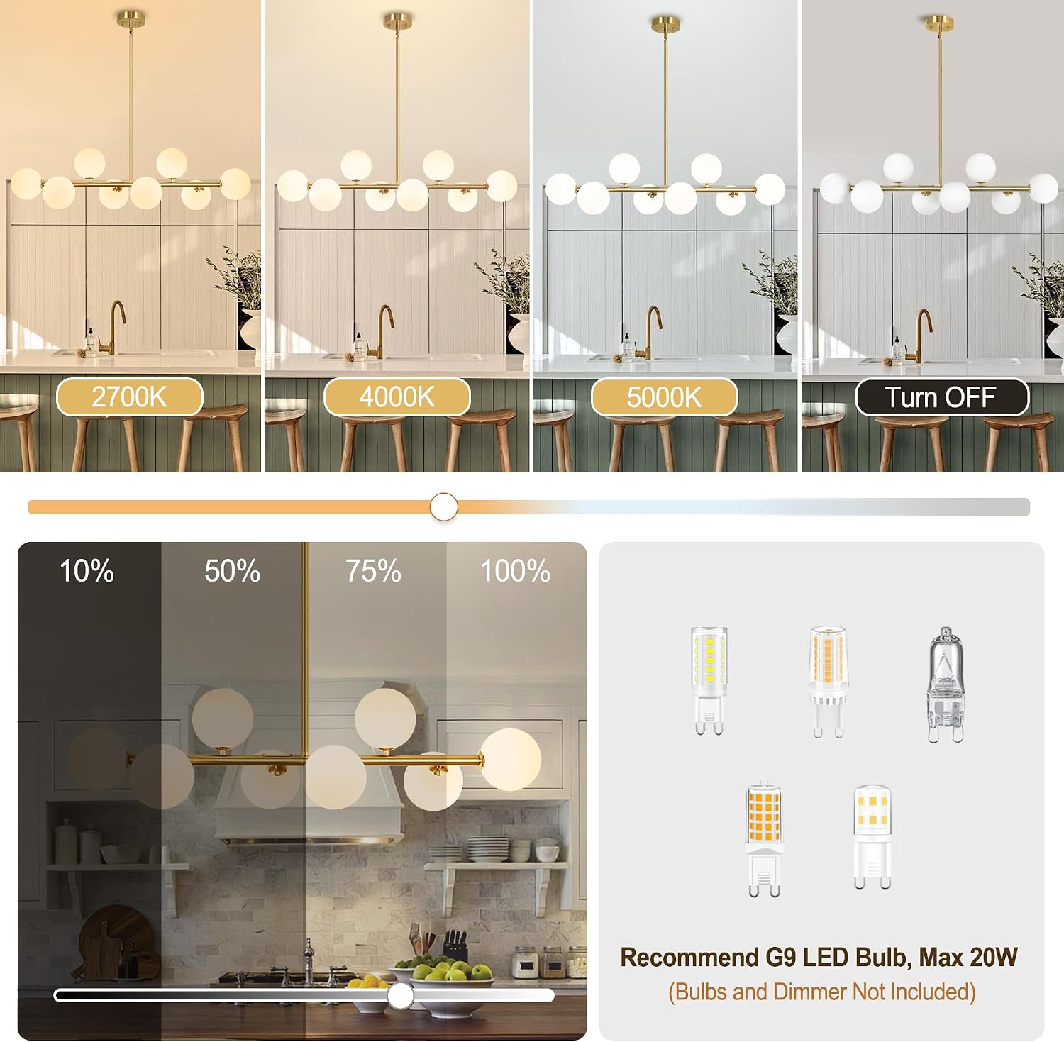 Gold Linear Chandeliers for Dining Room, 8-Light Globe Chandelier Modern Sputnik Chandeliers 37" Mid Century Chandelier Dining Room Light Fixture White Glass Island Lights, Electroplated Brass
