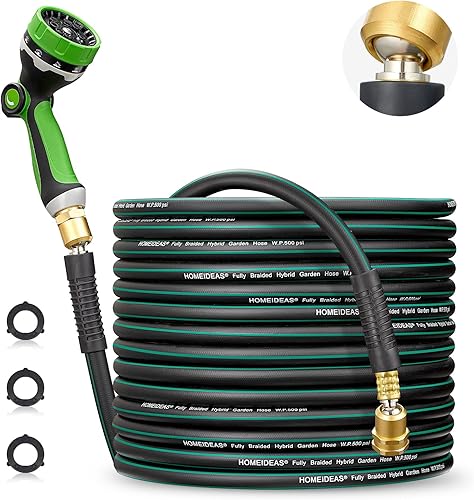 Miniatura 9 de HOMEIDEAS Manguera de jardín de goma de 25 pies con boquilla, diseño a prueba de fugas y sin torceduras, rótula esférica de rotación libre,