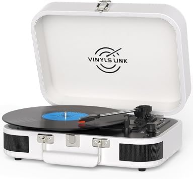 VINYLS LINK Vinyl Record Player 3 Speed Bluetooth Turntable Belt Drive LP Play Portable Suitcase Record Player Built-in Speaker with EQ Mode USB Recording RCA Output/AUX Input Headphone Jack White