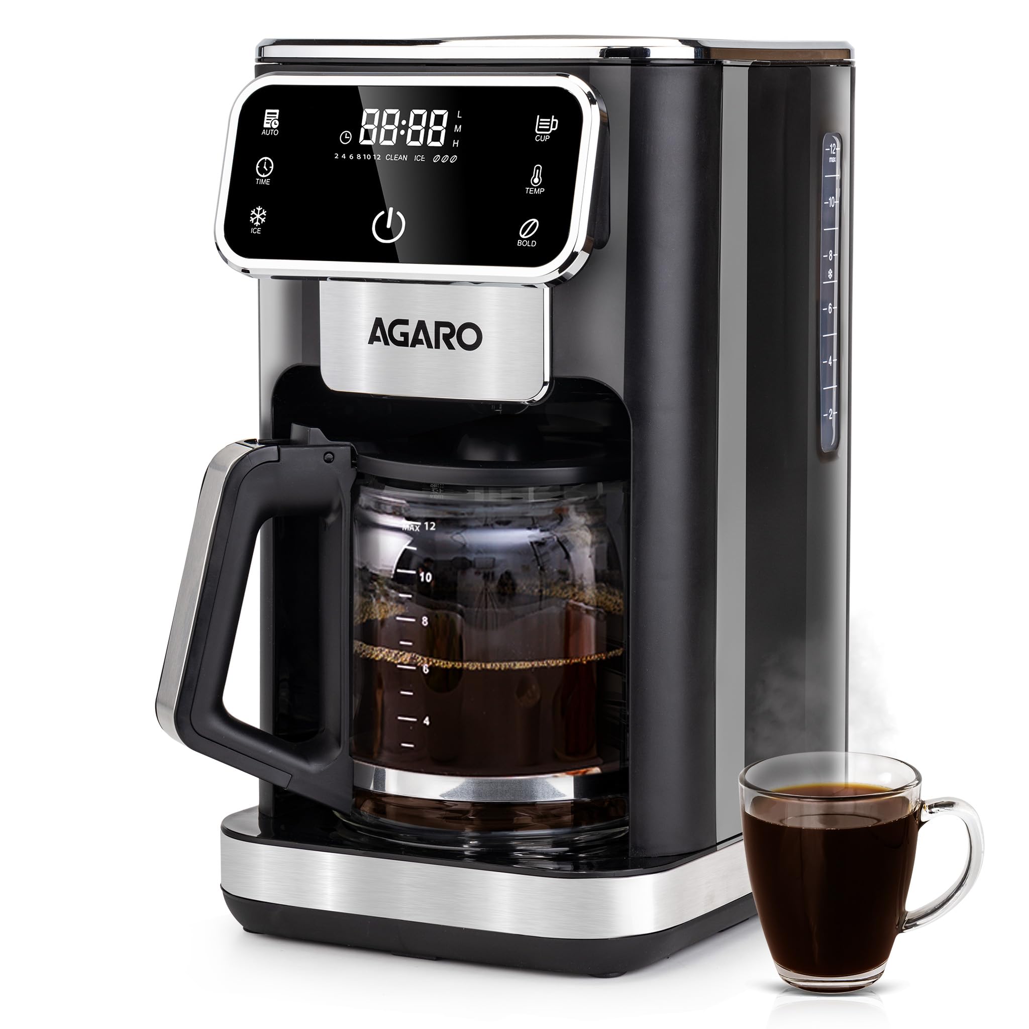 AGARO Primo Drip Coffee Maker - Up to 12 Cups, Fast Heating, Adjustable Temperature & Timer, Hot & Iced Coffee, Keep Warm Function for Home, Kitchen, Office