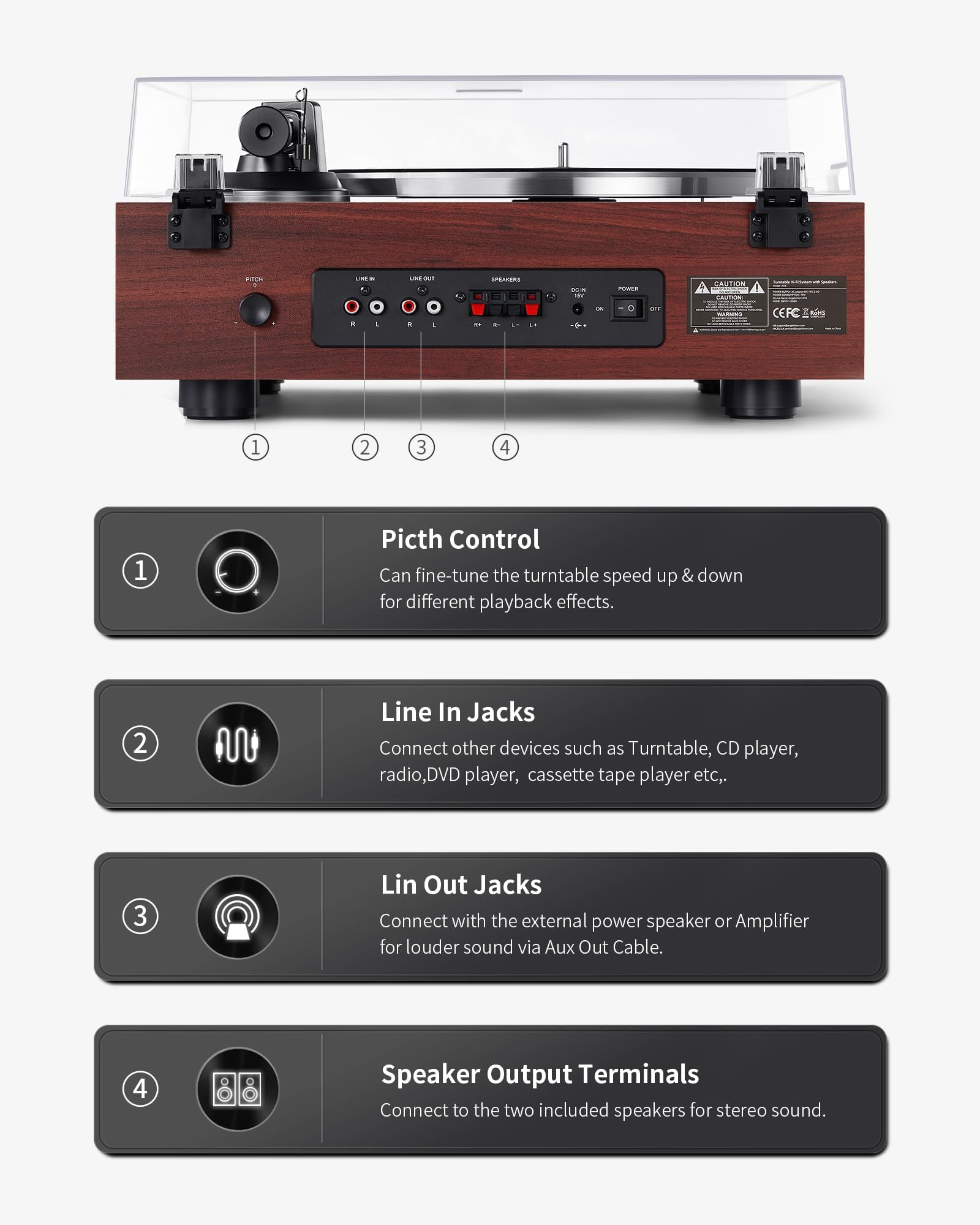 Gramofon Bluetooth HiFi z głośnikami półkowymi w stylu vintage, zintegrowany przedwzmacniacz gramofonowy, napęd pasowy 2-biegowy, regulacja nachylenia, regulowana przeciwwaga, przetworniki AT-3600L