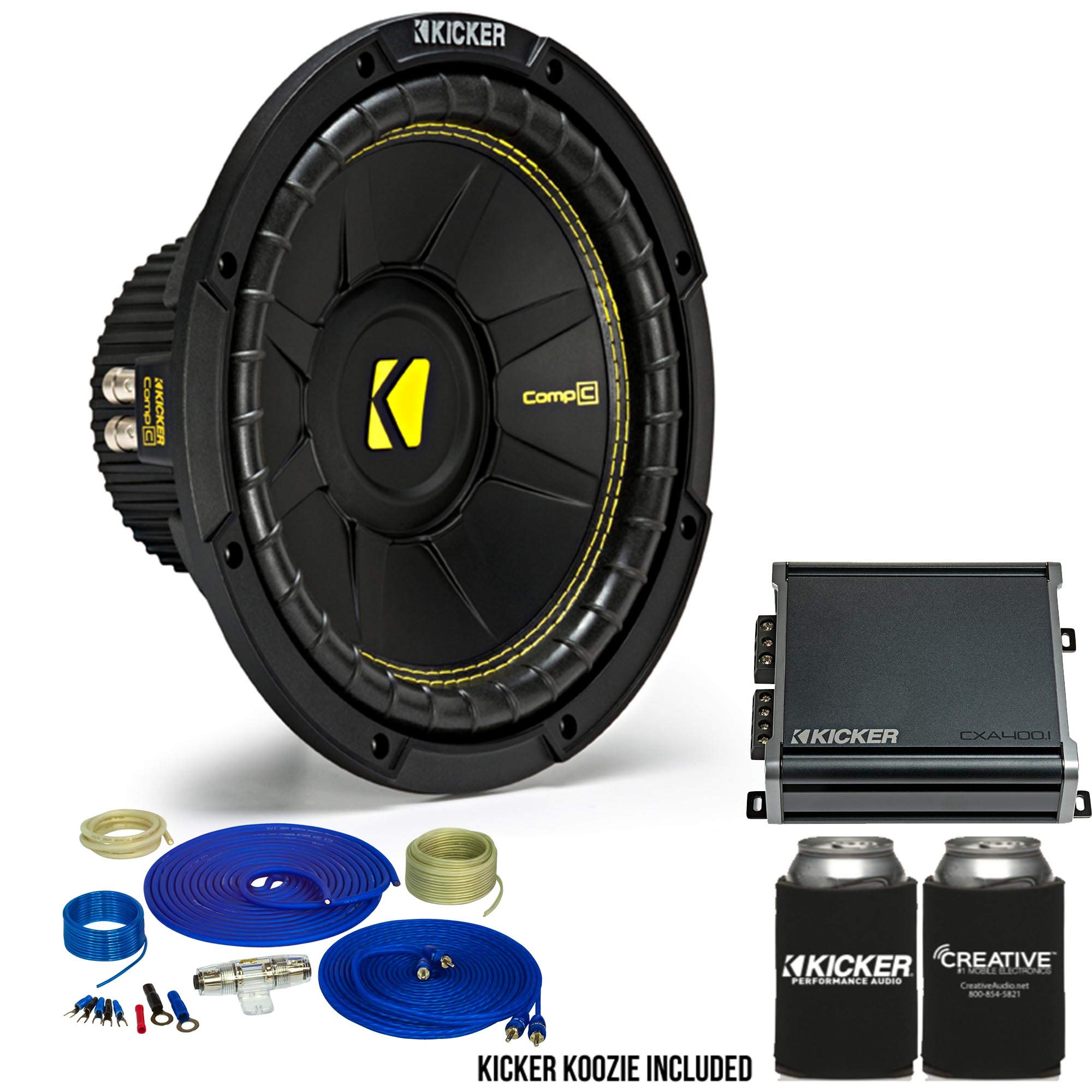 Kicker 10 Inch Bass Bundle - A 44CWCD104 Subwoofer with CXA4001 and amp Wire kit