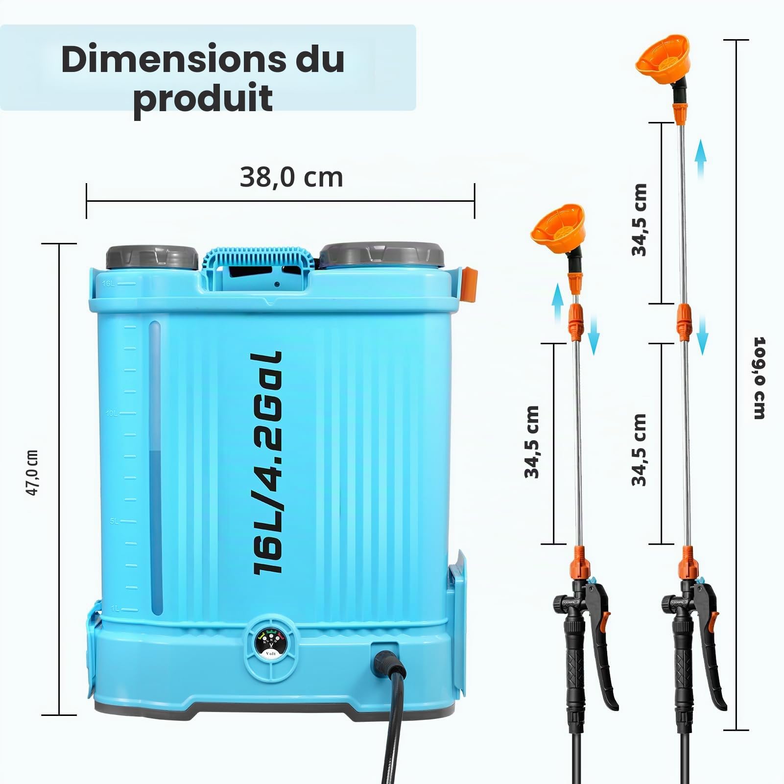 Pulvérisateur à Pression 16L, 21 V 100 PSI, Puissant, avec Batterie, Compatible avec 6 Buses de pulvérisation, bandoulière réglable, Tige rétractable, Voyant Lumineux pour pelouse, désherbage